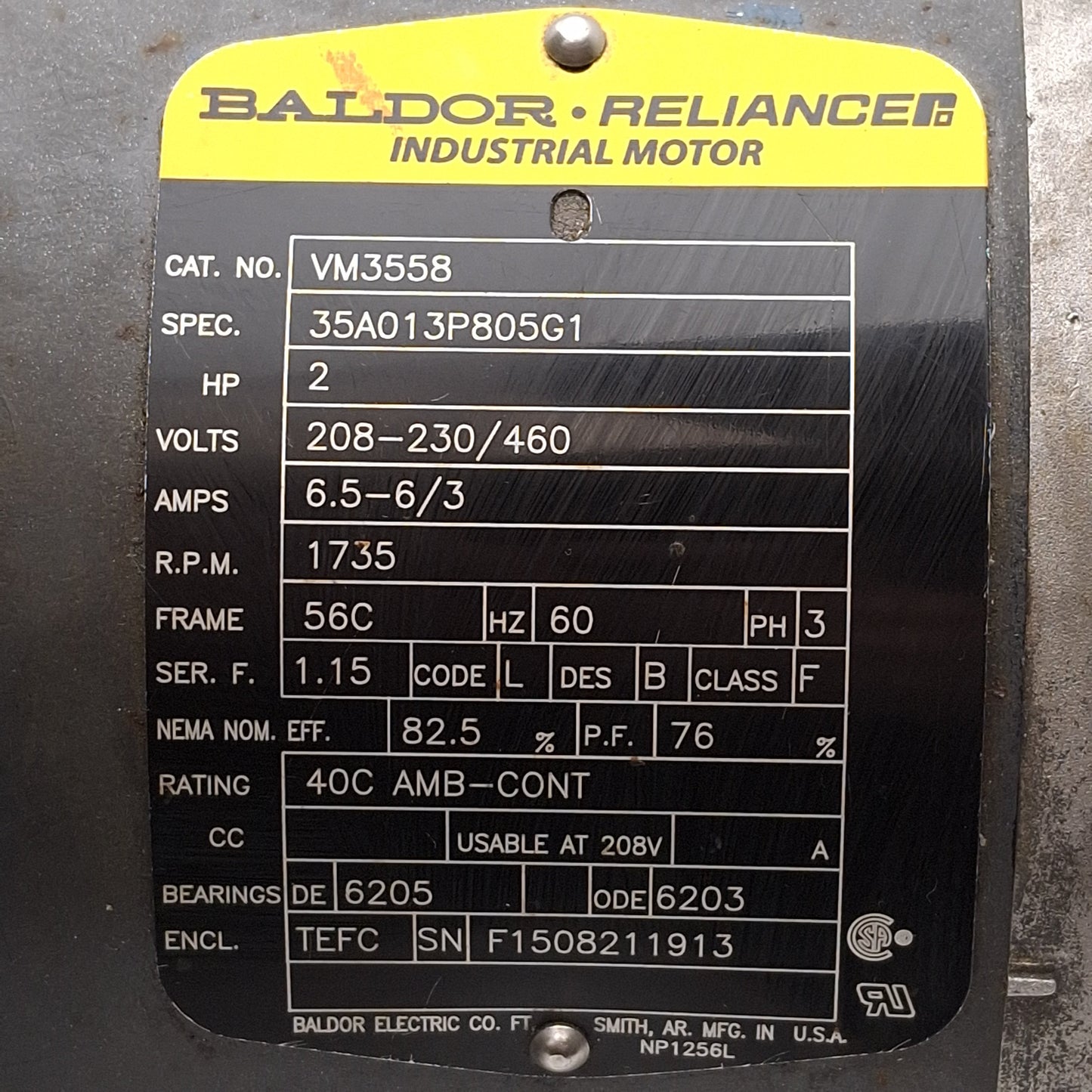 Used Baldor 35A013P805G1 VM3558 AC Motor, 2HP, 3Ø 208-230/460VAC, ø5/8in Shaft, 56C