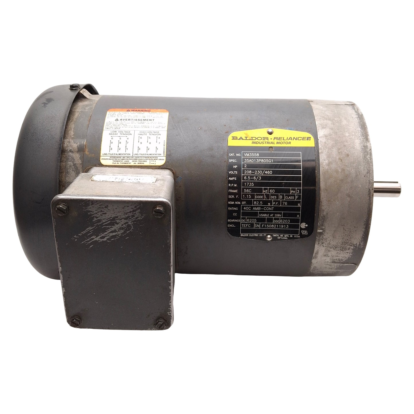Used Baldor 35A013P805G1 VM3558 AC Motor, 2HP, 3Ø 208-230/460VAC, ø5/8in Shaft, 56C