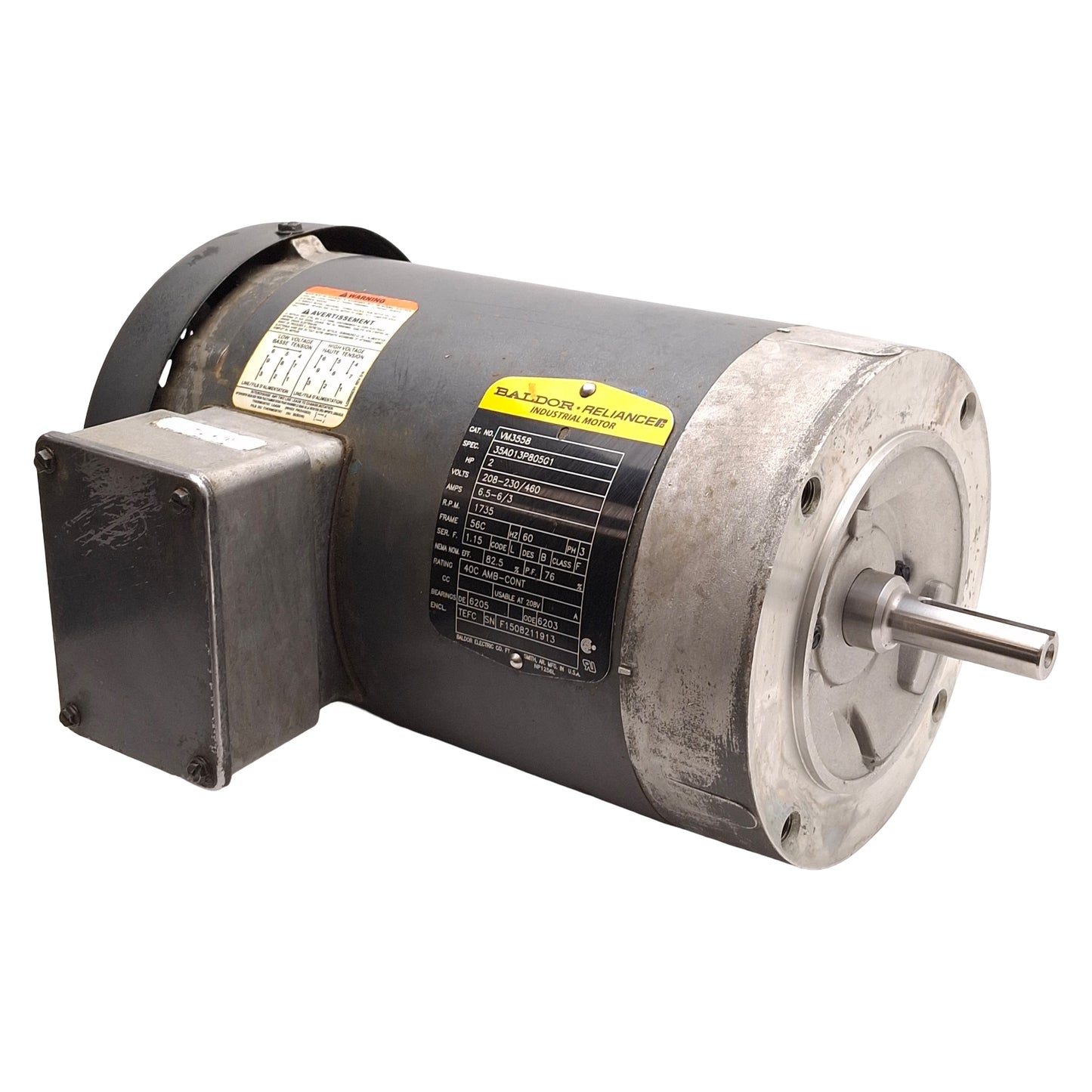 Used Baldor 35A013P805G1 VM3558 AC Motor, 2HP, 3Ø 208-230/460VAC, ø5/8in Shaft, 56C