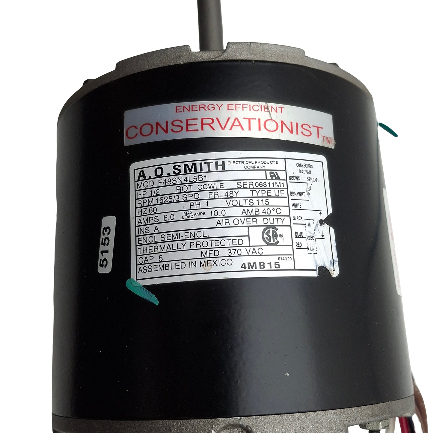 Used AO Smith Mod F48SN4L5B1 Dual Shaft Motor, 1/2HP, 115VAC, 1625RPM, ø1/2in Shaft