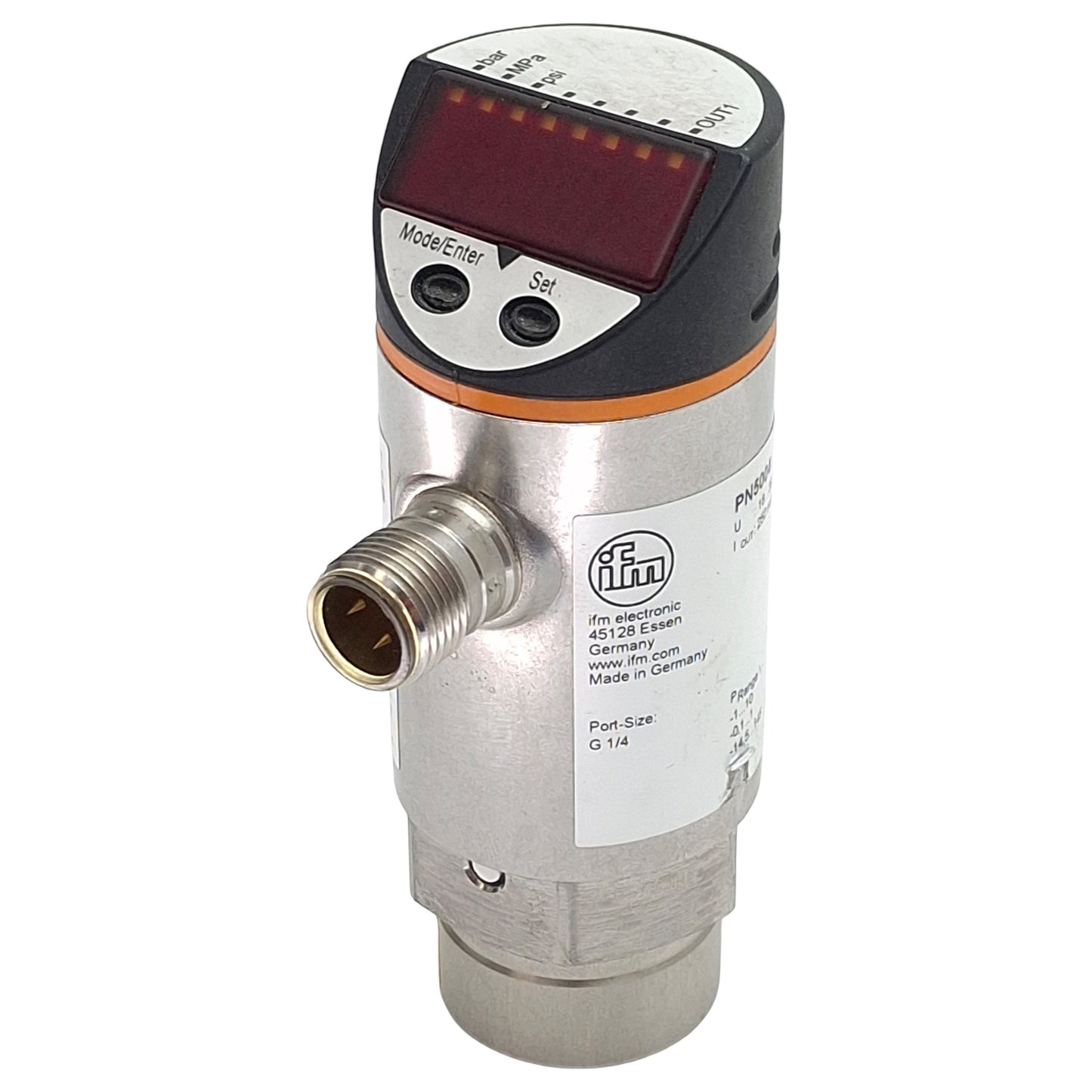 Used IFM PN5004 Pressure Sensor, PNP NO/NC, -1~10bar Range, 18-36VDC, G1/4, 4-Pin M12