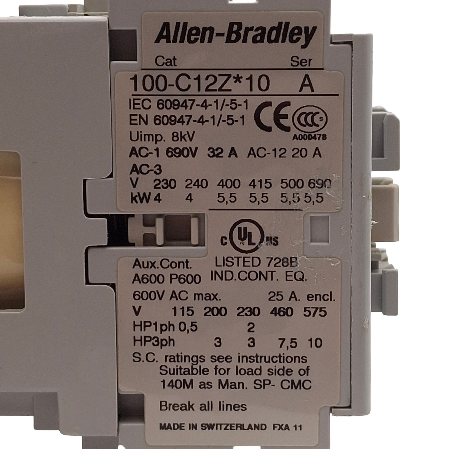 Used Allen Bradley 100-C12ZJ10 Contactor, 3-Pole, 12A, 10HP @ 3Ø 575VAC, 24VDC Coil