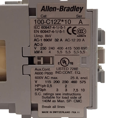 Used Allen Bradley 100-C12ZJ10 Contactor, 3-Pole, 12A, 10HP @ 3Ø 575VAC, 24VDC Coil