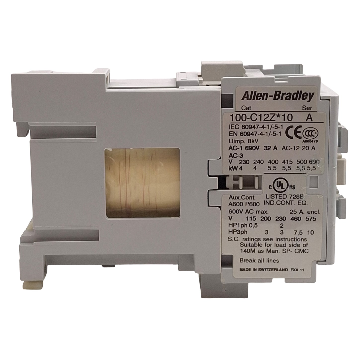 Used Allen Bradley 100-C12ZJ10 Contactor, 3-Pole, 12A, 10HP @ 3Ø 575VAC, 24VDC Coil