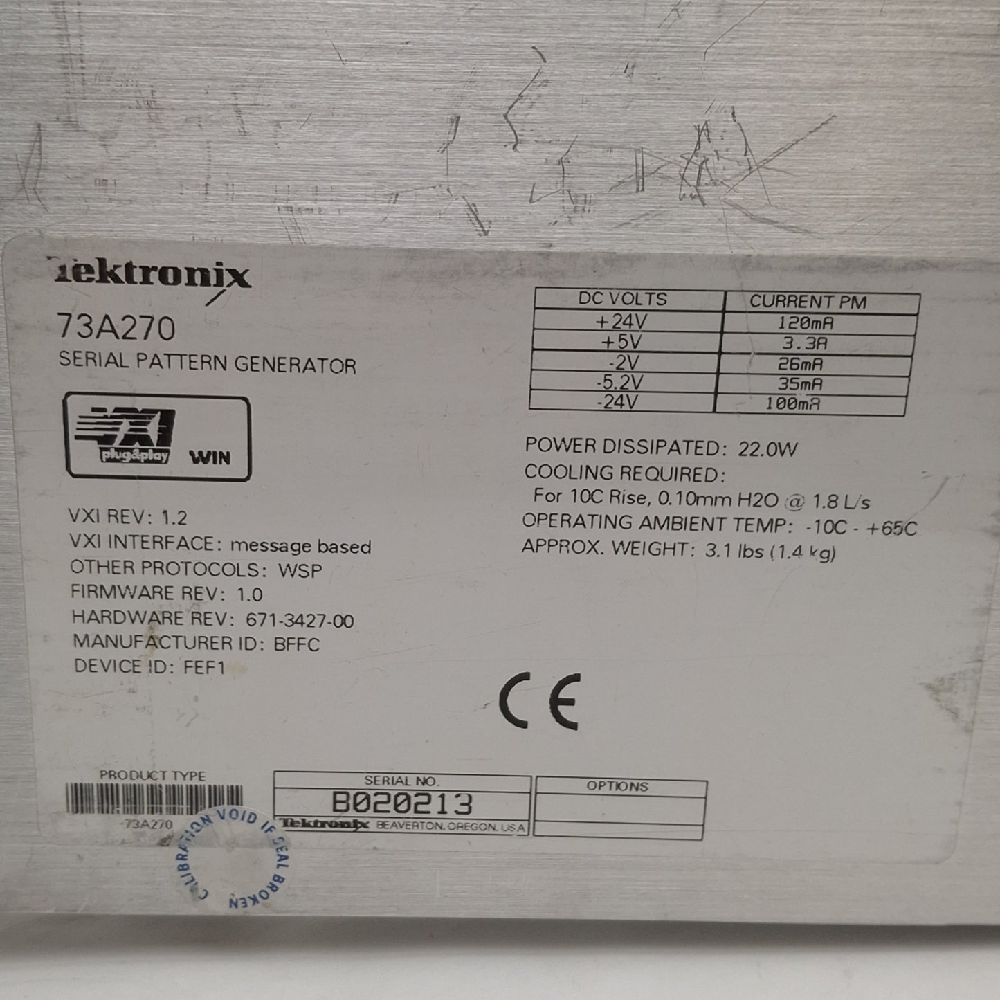 Used Tektronix 73A270 Pulse Pattern Generator for VXIbus Mainframe, 2-Channel Output