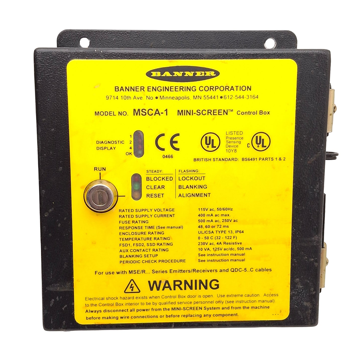 Used Banner MSCA-1 MINI-SCREEN Control Box, 115VAC, 48/60/72ms Response *No Key*