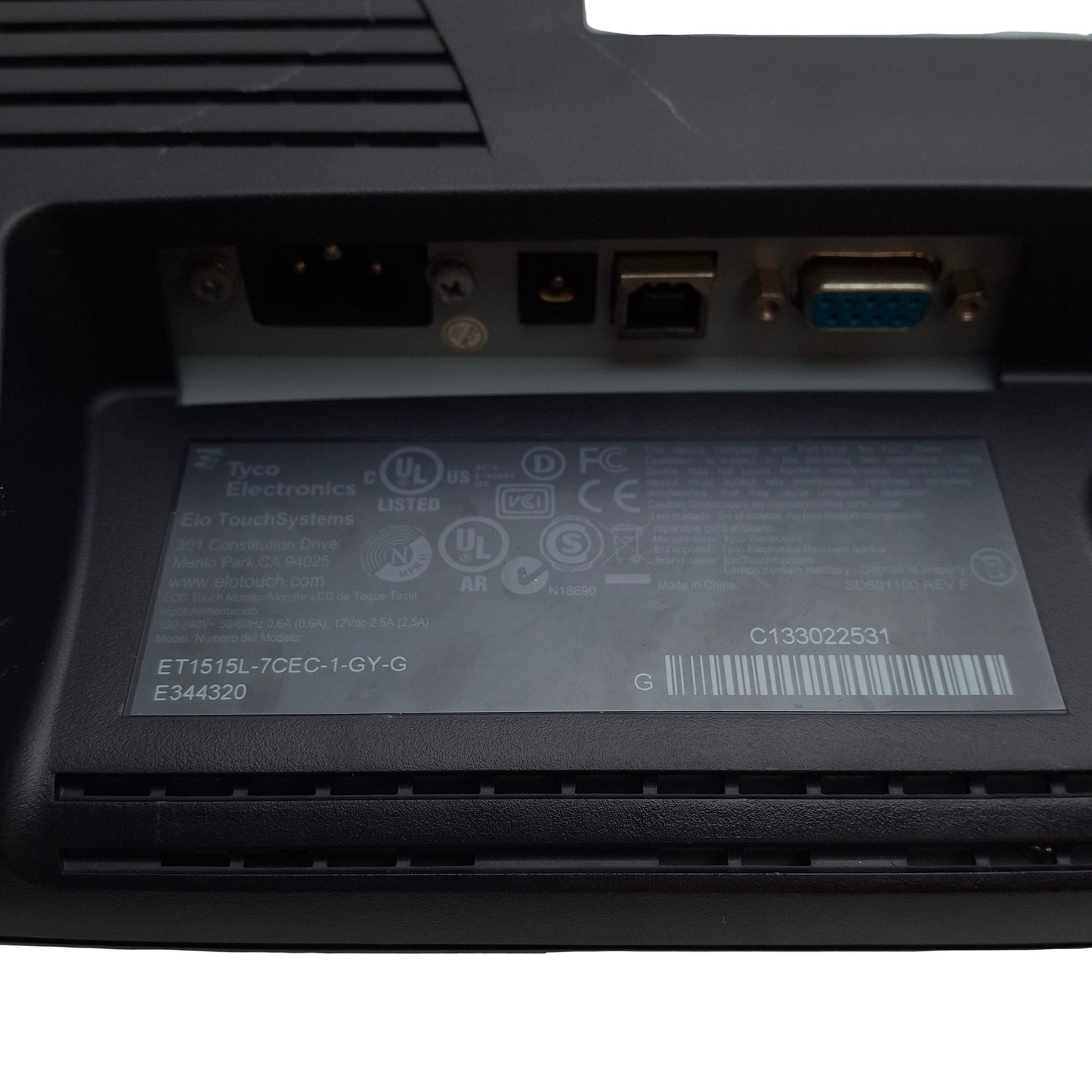 Used Elo ET1515L-7CEC-1-GY-G Tyco Single Touch-Screen Monitor, 15in, 120-240VAC/12VDC