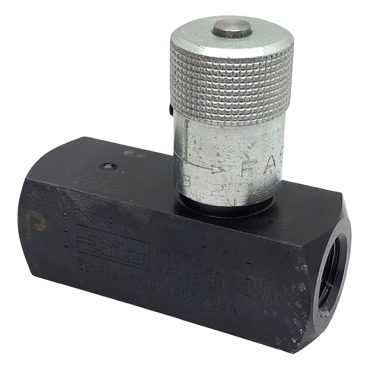 Used Parker F800S In-Line Flow Control Valve 5000psi, 1/2in x 1/2in Female NPT, 15gpm