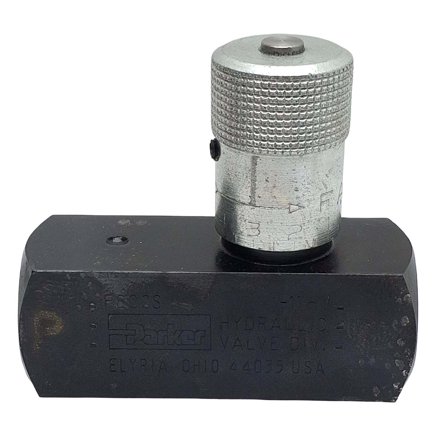 Used Parker F800S In-Line Flow Control Valve 5000psi, 1/2in x 1/2in Female NPT, 15gpm