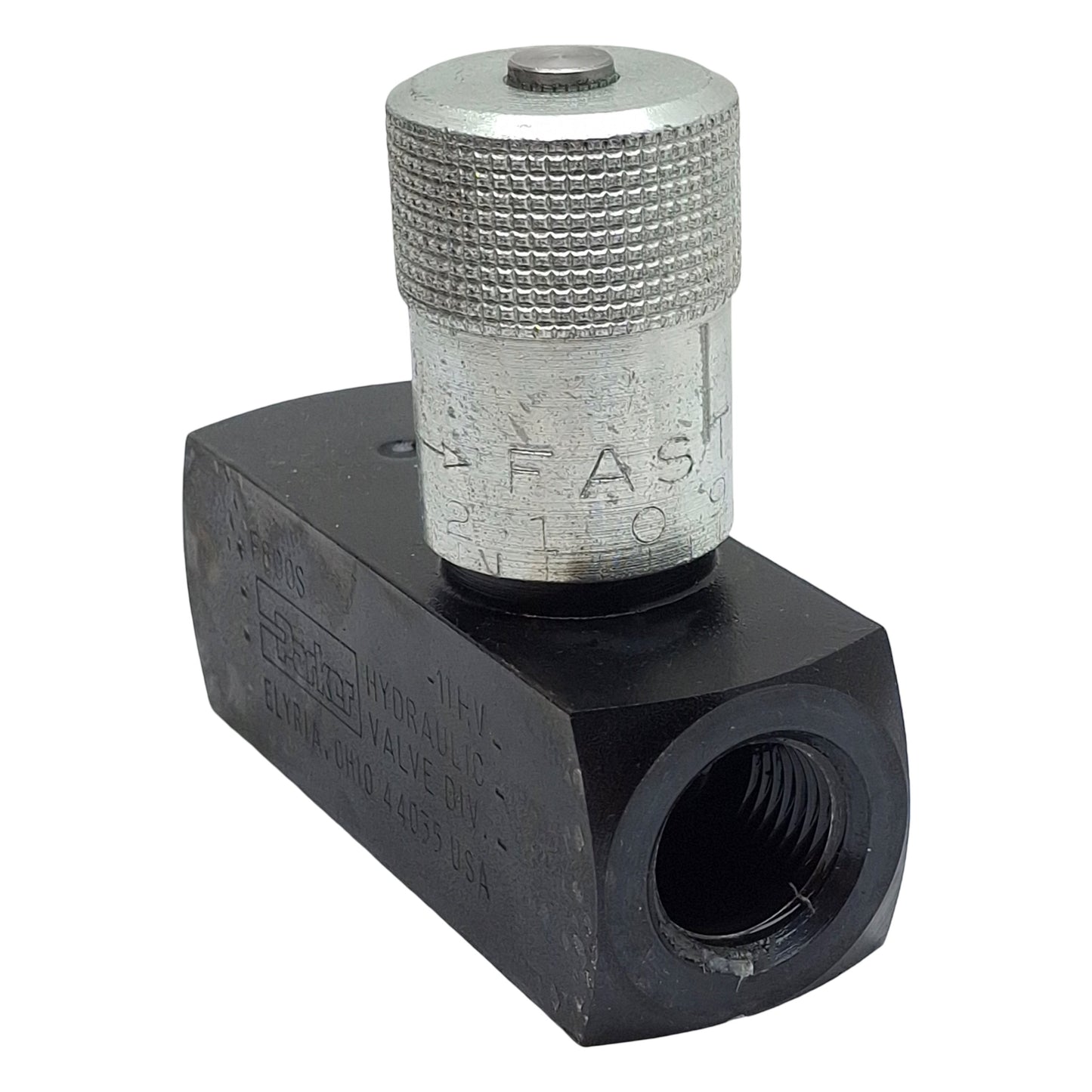 Used Parker F800S In-Line Flow Control Valve 5000psi, 1/2in x 1/2in Female NPT, 15gpm