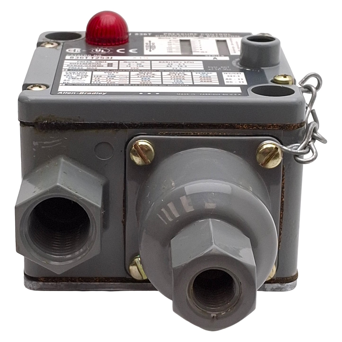 Used Allen Bradley 836T-T253JX15 Pressure Control Switch, 350psi, 1/4 & 3/8in NPT