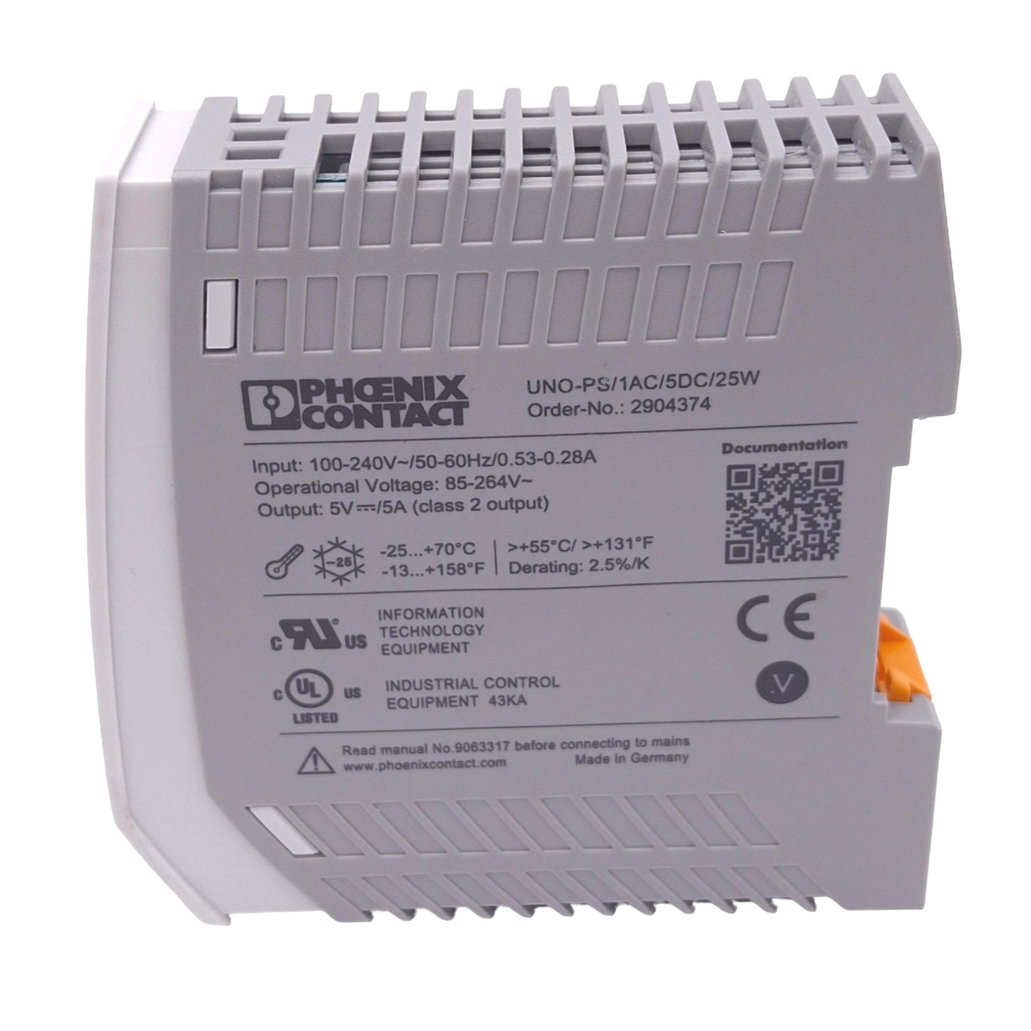 Used Phoenix Contact UNO-PS/1AC/5DC/25W 2904374 PSU, 100-240 VAC In 5 VDC Out, 25W