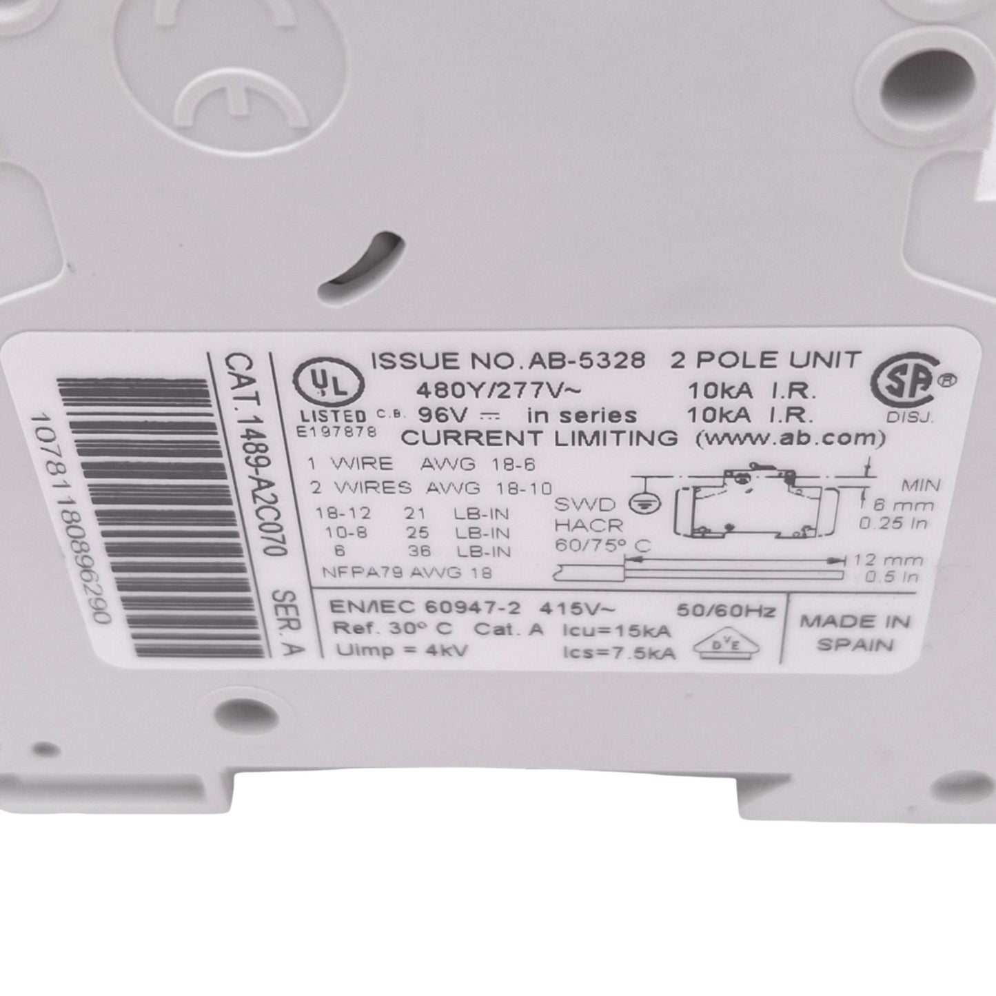 Used Allen Bradley 1489-A2C070 Circuit Breaker, 2-Pole 7A, 480Y/277VAC 48VDC Max