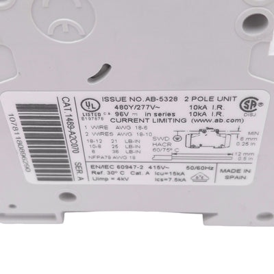Used Allen Bradley 1489-A2C070 Circuit Breaker, 2-Pole 7A, 480Y/277VAC 48VDC Max