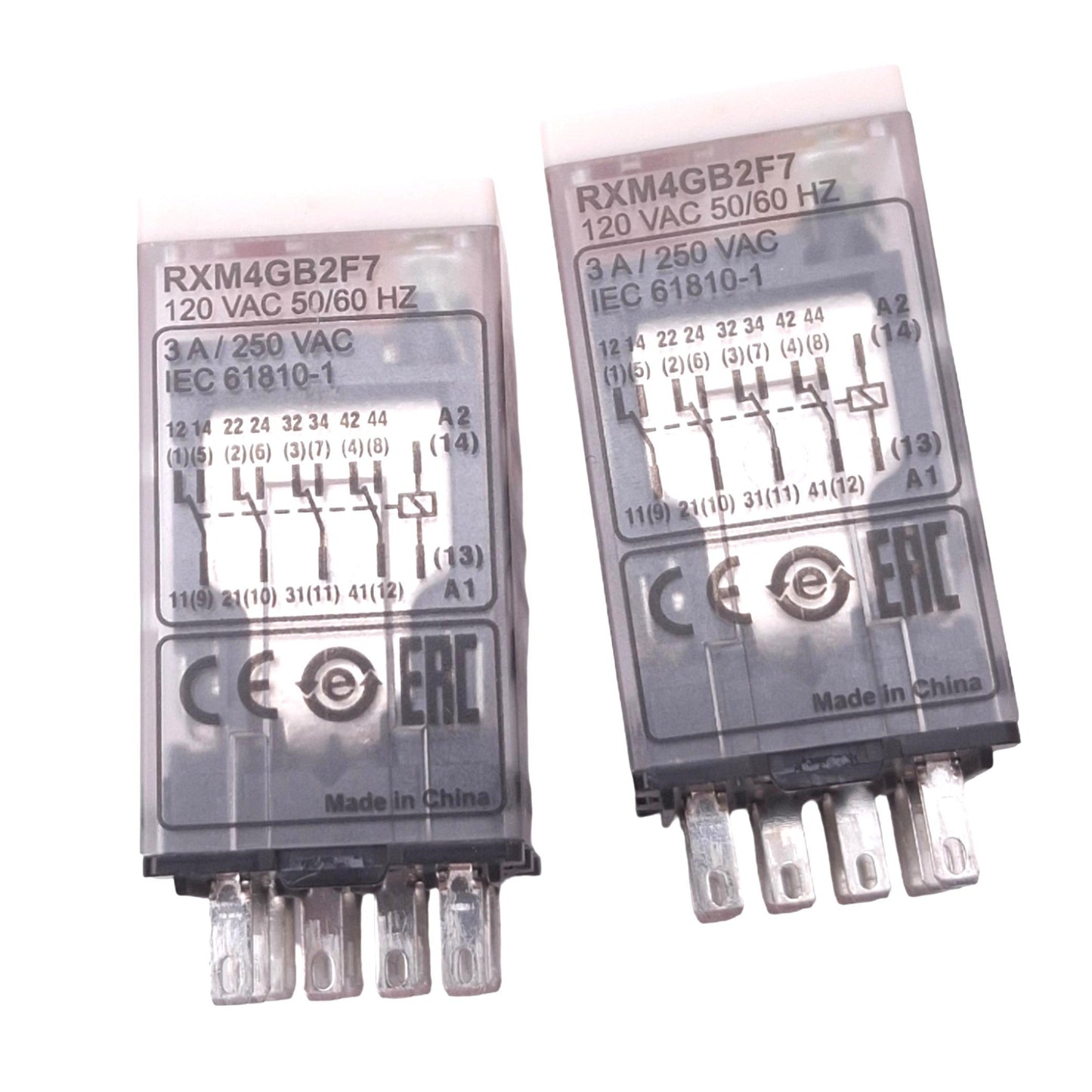 Used Lot of 2 Schneider RXM4GB2F7 Relays, 4PDT 14-Pin, 250VAC 3A Max, 120VAC Coil