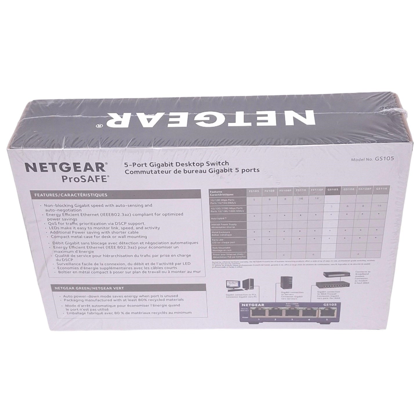 New Netgear GS105 ProSAFE Gigabit Switch, 5-Port RJ45, EtherNet, 12VDC 0.5A
