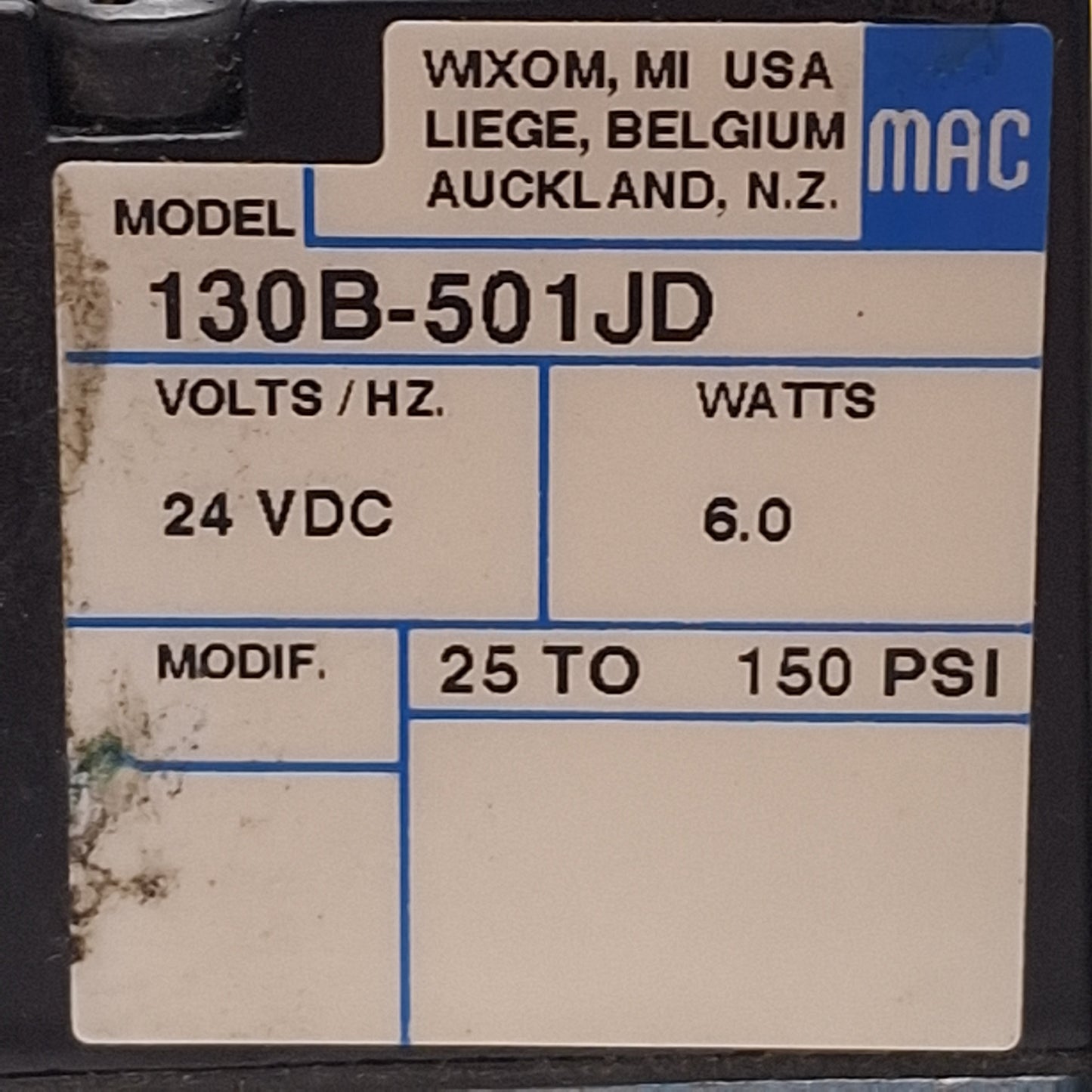 Used Mac 56C-13-502JD Solenoid Valve 3/2-Way 25-150psi, 3/8in & 3/4in NPT, 24VDC Coil