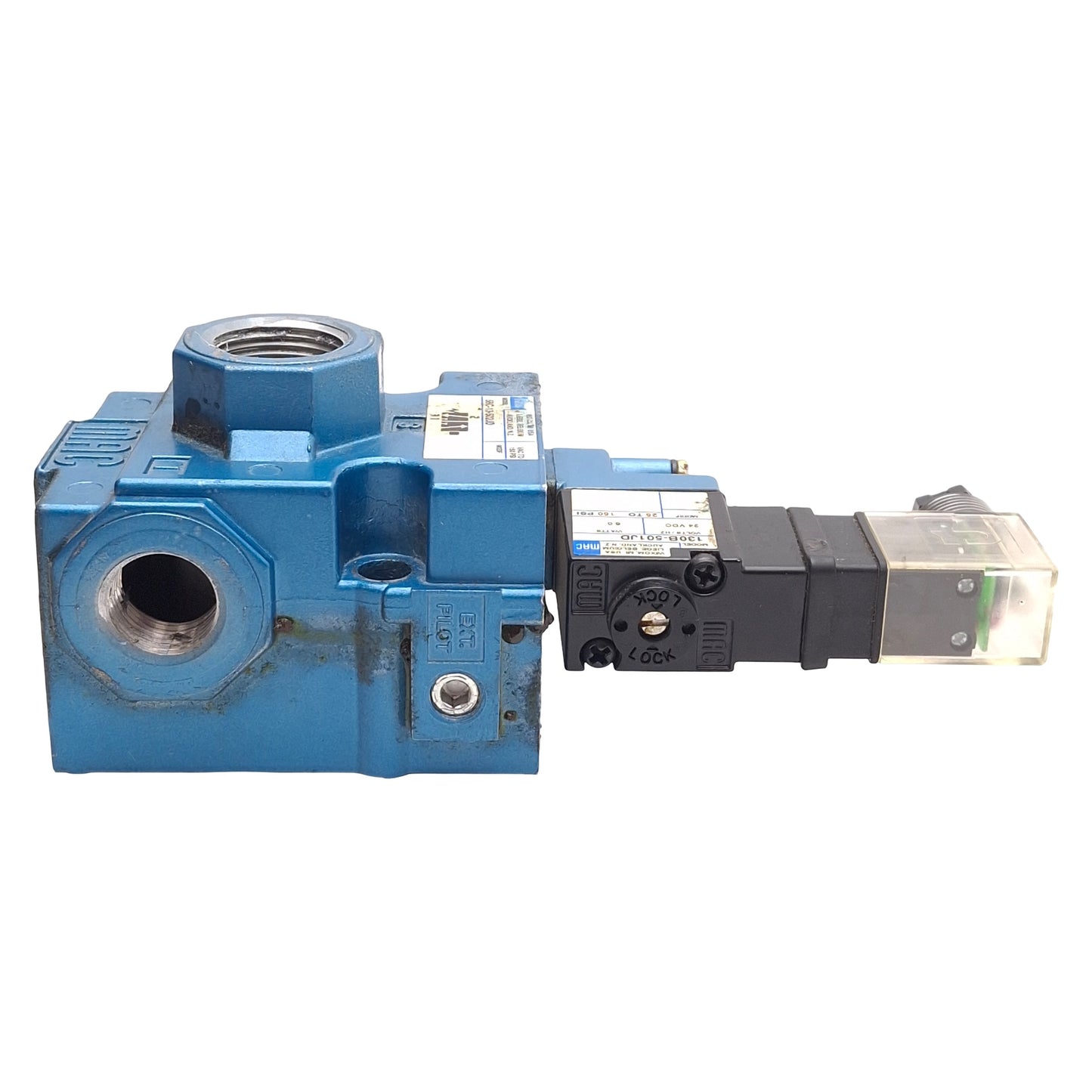 Used Mac 56C-13-502JD Solenoid Valve 3/2-Way 25-150psi, 3/8in & 3/4in NPT, 24VDC Coil
