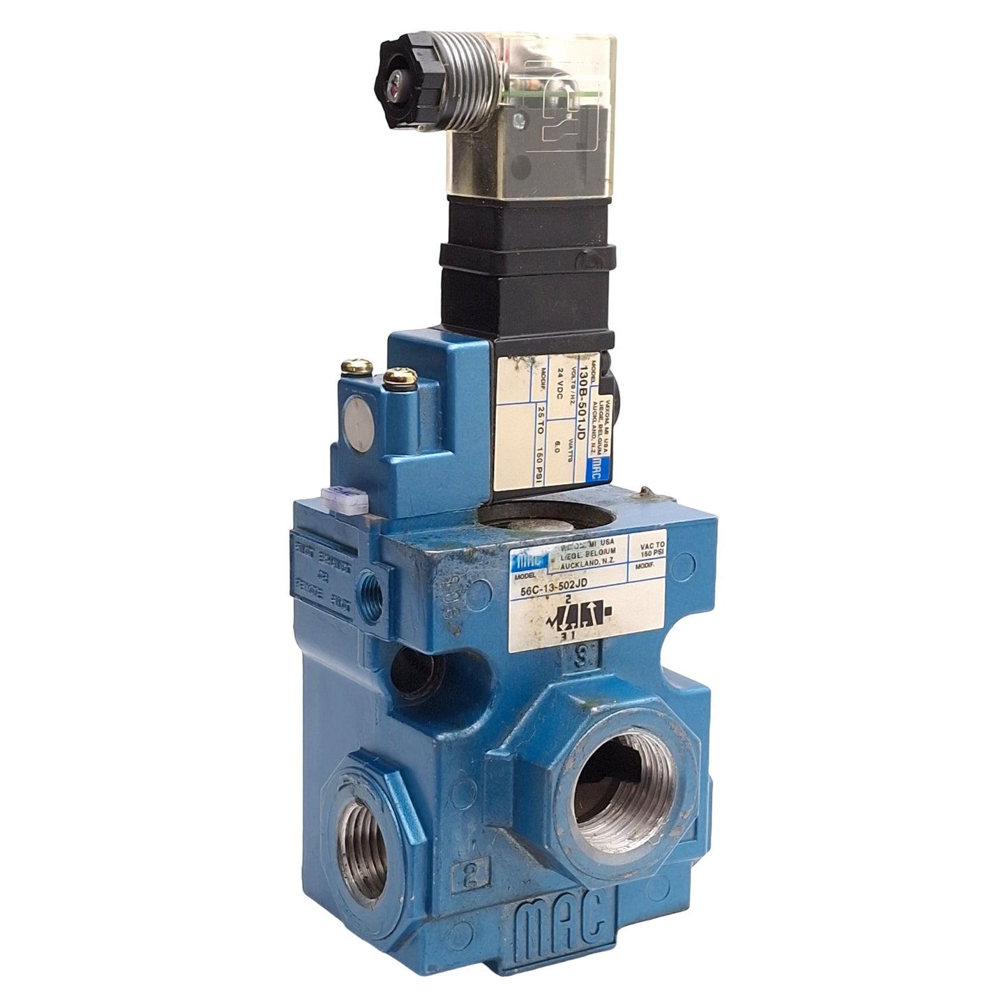 Used Mac 56C-13-502JD Solenoid Valve 3/2-Way 25-150psi, 3/8in & 3/4in NPT, 24VDC Coil