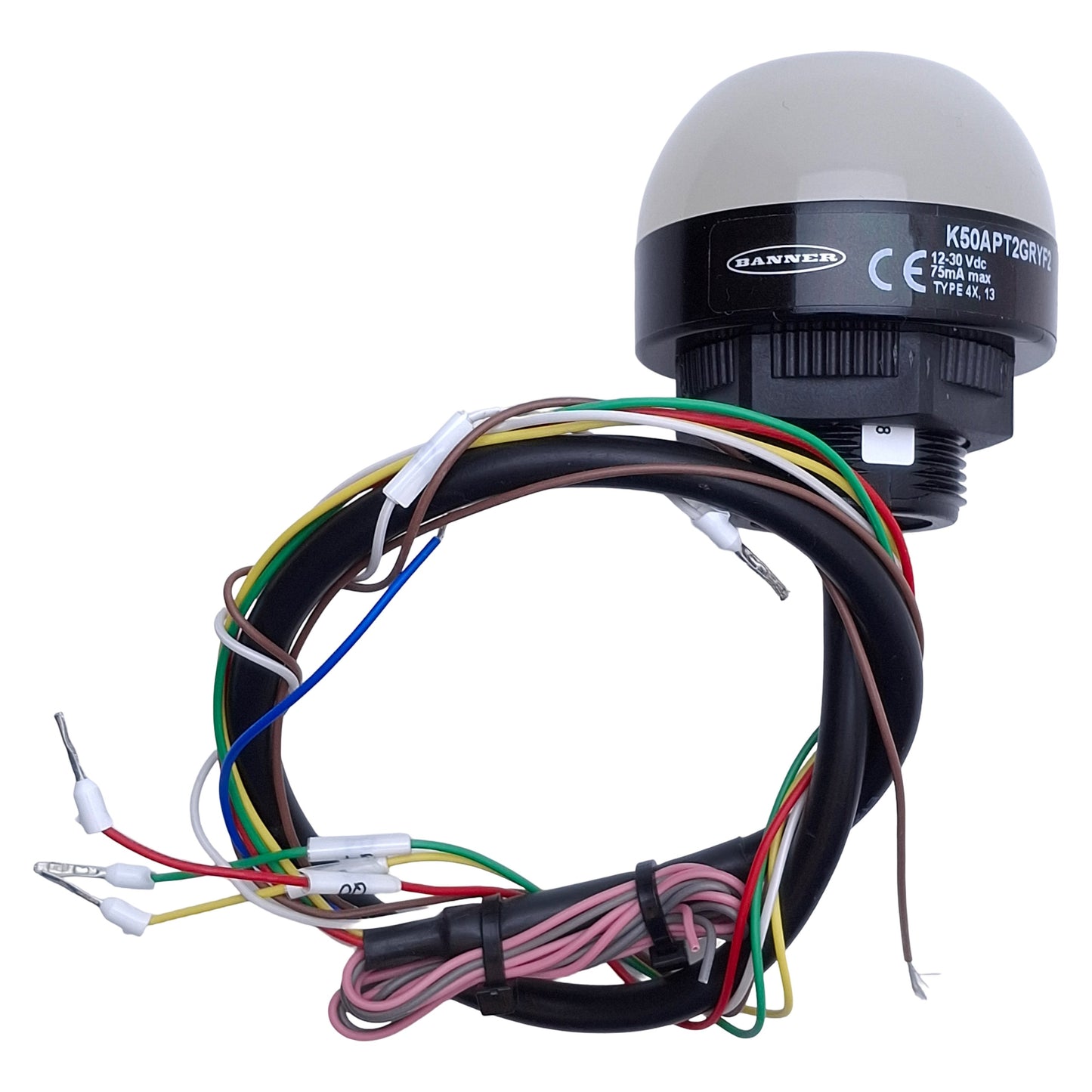 Used Banner K50APT2GRYF2 Illuminated Touch Button 12-30VDC, PNP, Yl Gr Rd, 1ft Cable