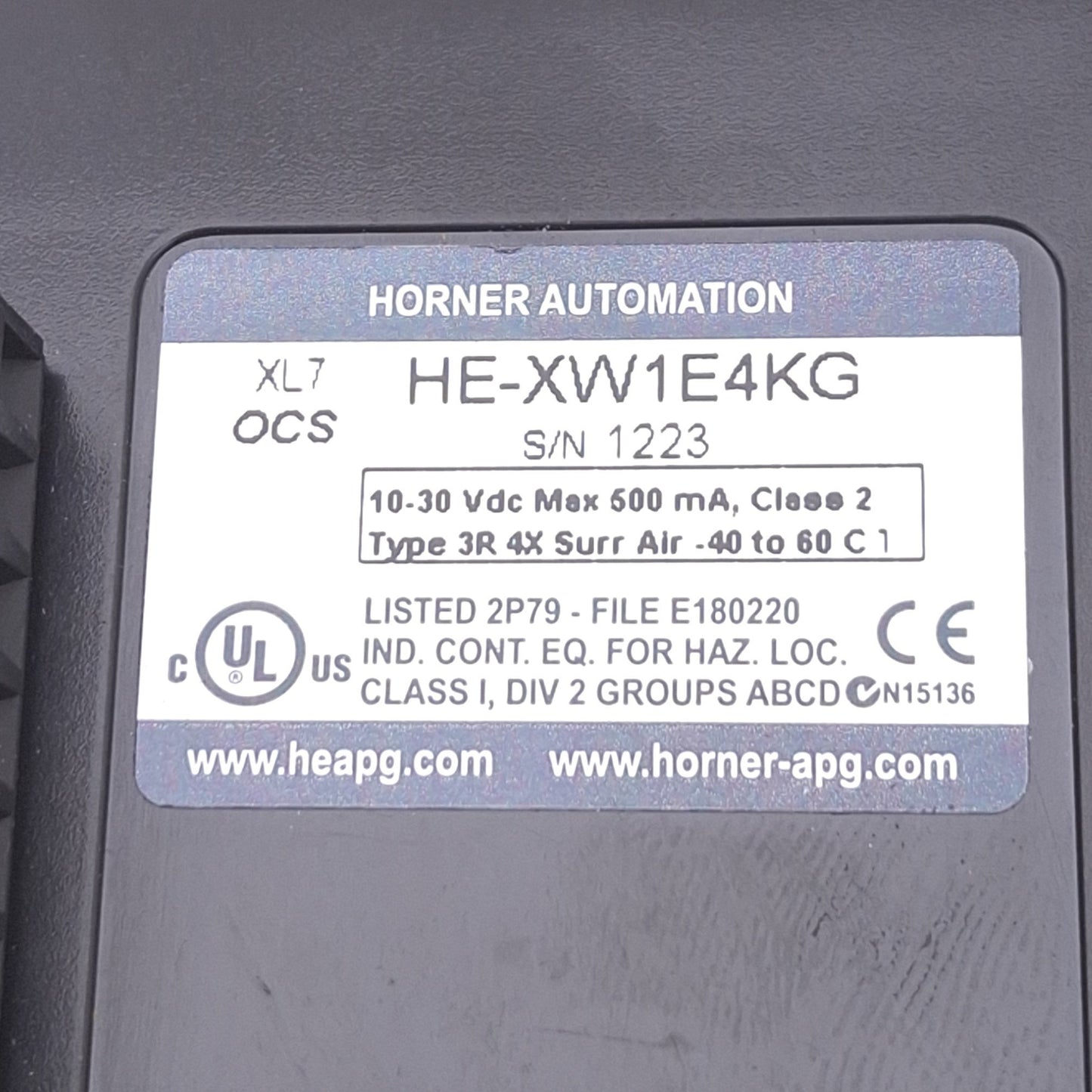 Used Horner HE-XW1E4KG XL7 Operator Control Station, 7in Color Touchscreen, 10-30VDC