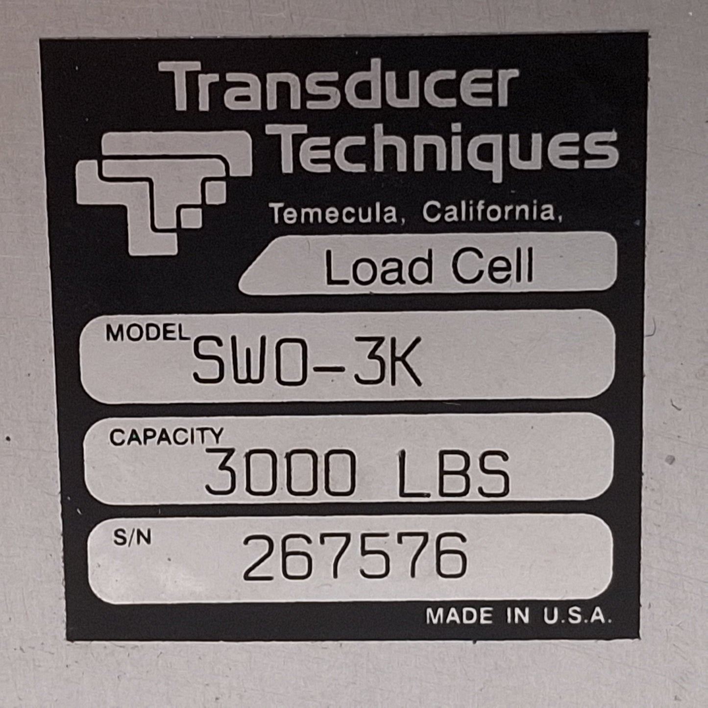 Used Transducer Techniques SWO-3K Load Cell, 3000lbs, 2mV/V Output, 10VDC Excitation