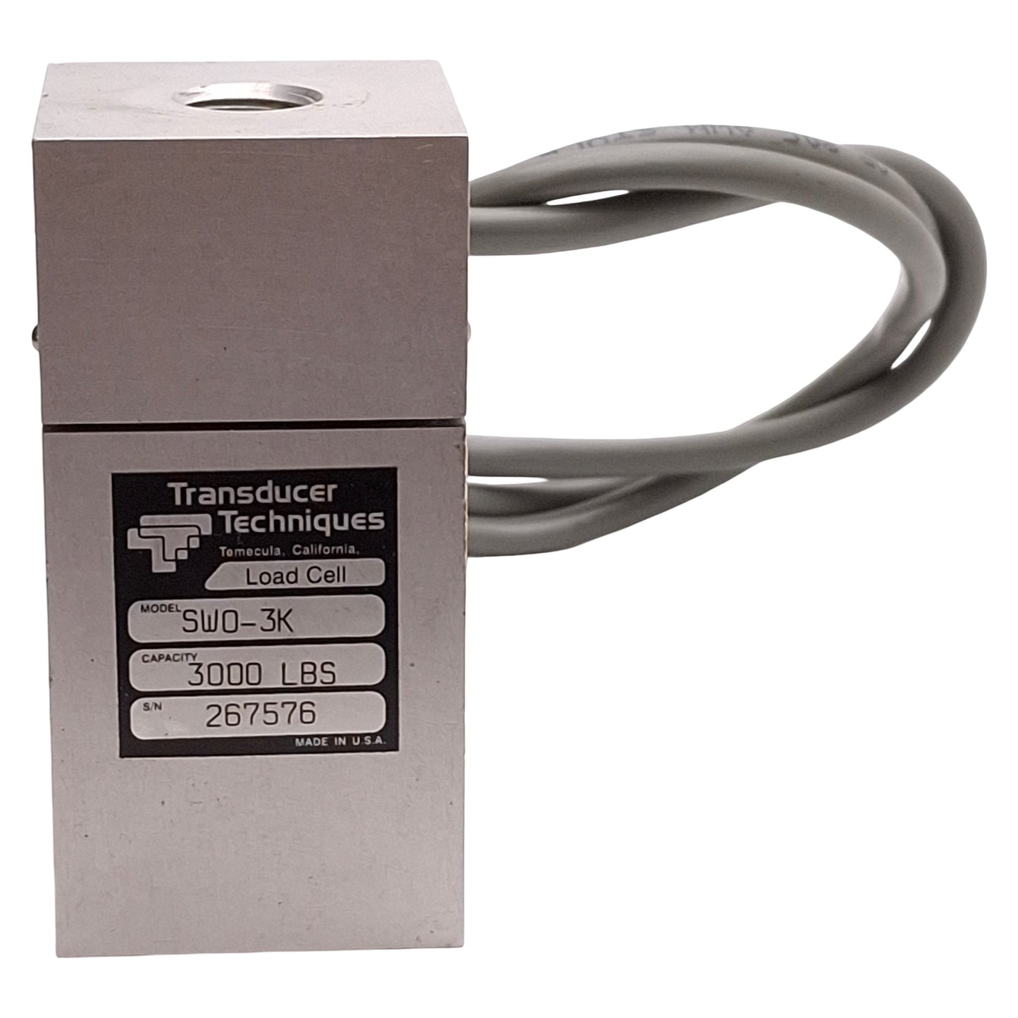 Used Transducer Techniques SWO-3K Load Cell, 3000lbs, 2mV/V Output, 10VDC Excitation