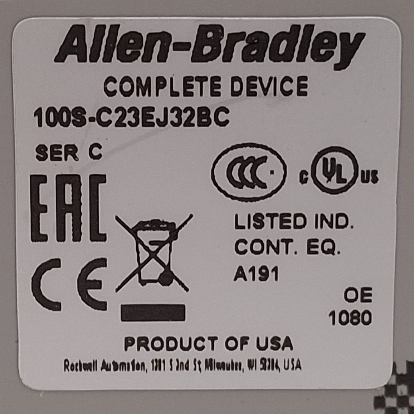 Used Allen Bradley 100S-C23EJ32BC Guardmaster Safety Contactor, 3NO+2NC, 24VDC Coil