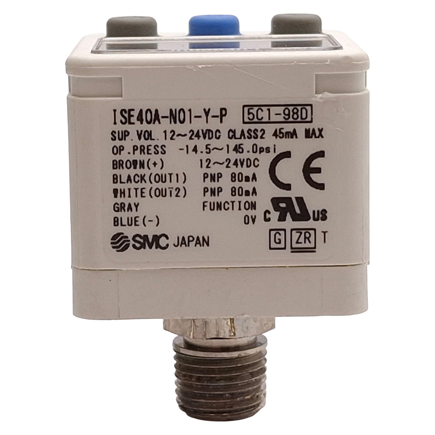 Used SMC ISE40A-N01-Y-P-X531 Digital Pressure Switch PNP, -14.5~145psi, M12 4-Pin