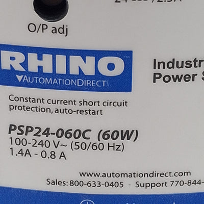 Used Automation Direct Rhino PSP24-060C Power Supply, 140-240VAC In, 2.5A 24VDC Out