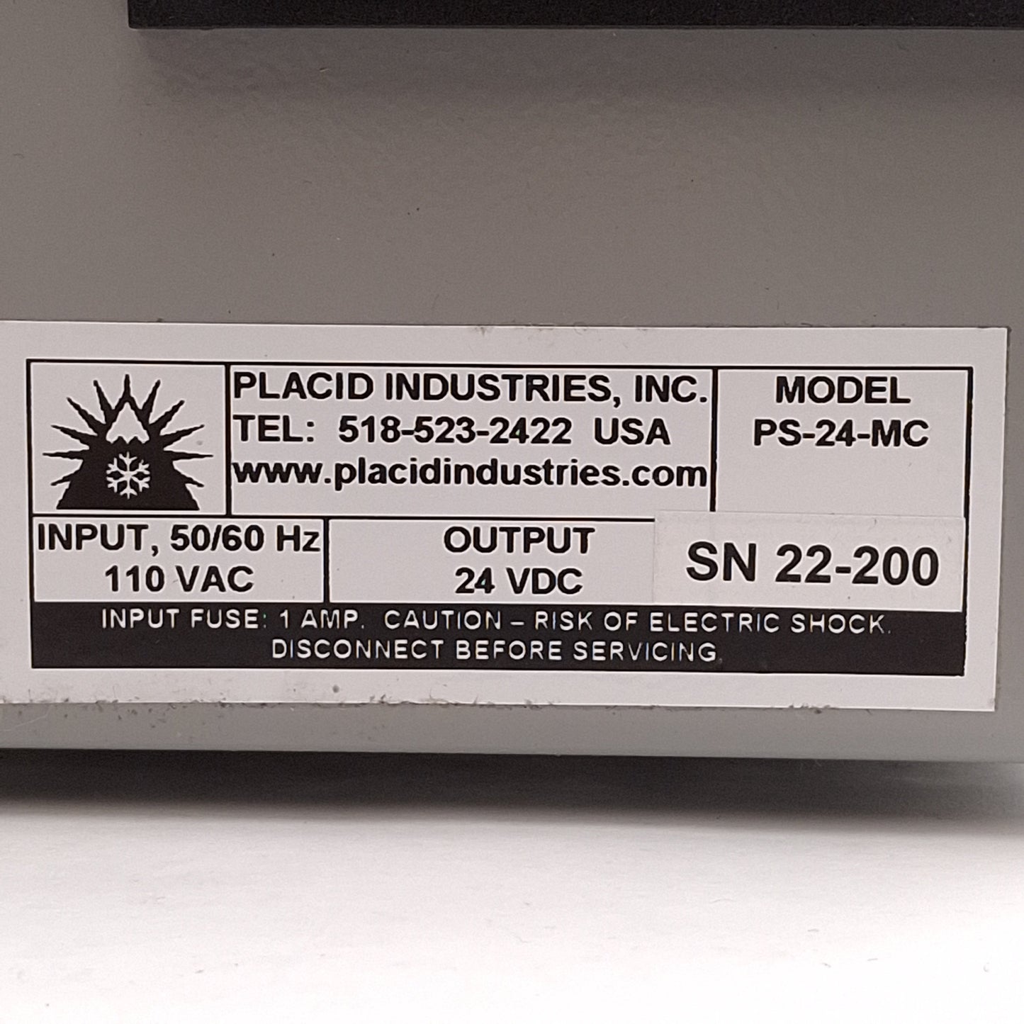 Used Placid PS-24-MC Constant Current Power Supply, 110VAC Input, 24VDC Output