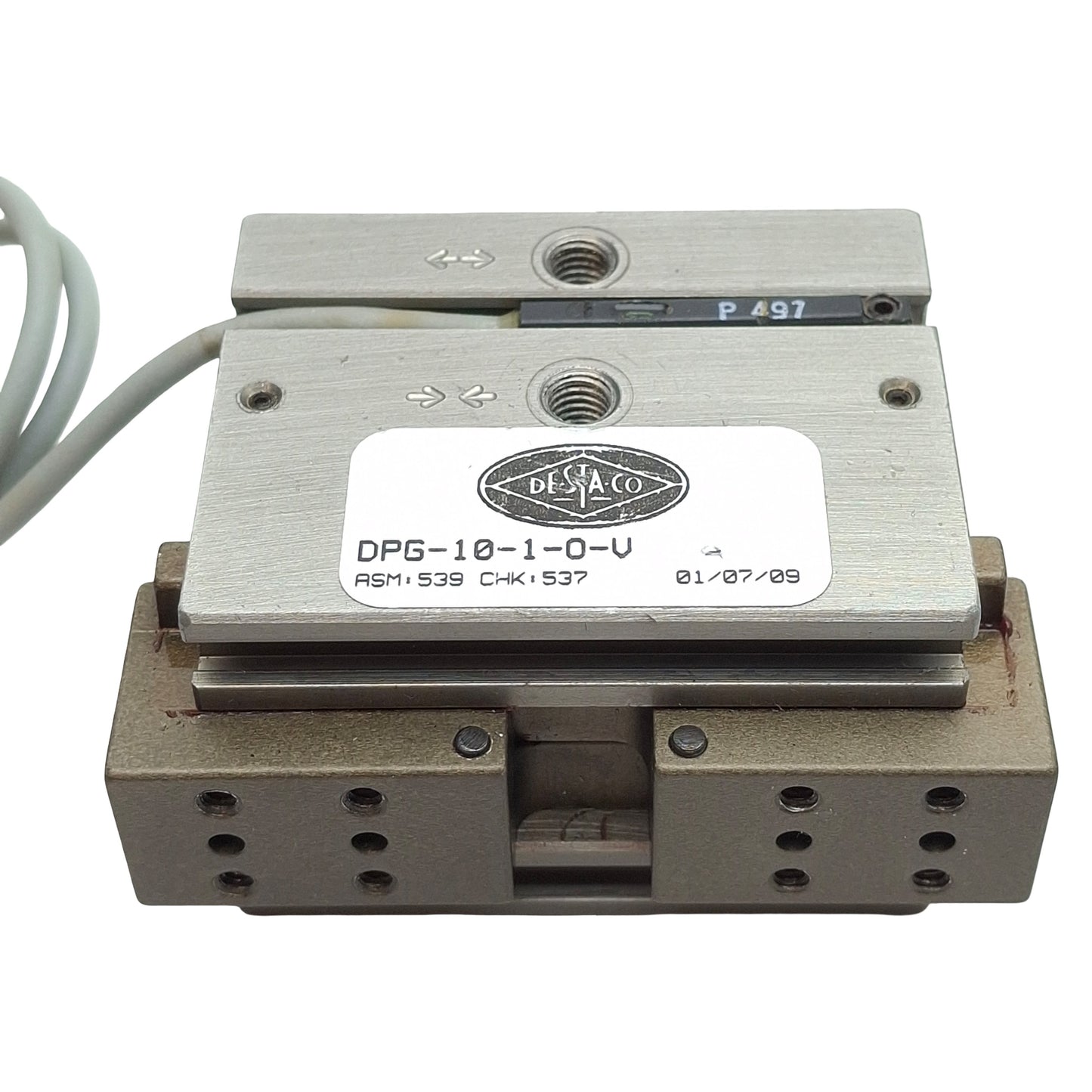 Used Destaco DPG-10-1-O-V Parallel Gripper, ø0.688" Bore, 0.25" Stroke, 50lbf, 100psi