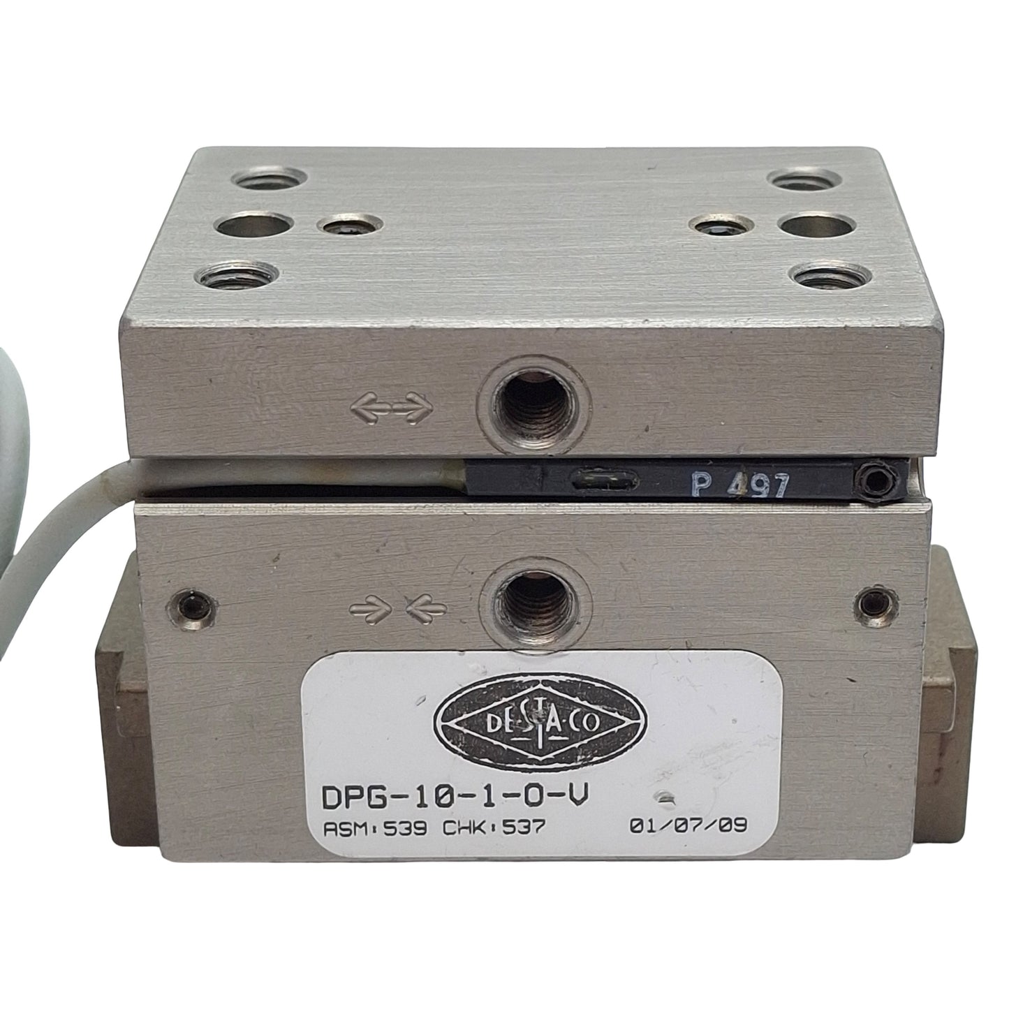 Used Destaco DPG-10-1-O-V Parallel Gripper, ø0.688" Bore, 0.25" Stroke, 50lbf, 100psi