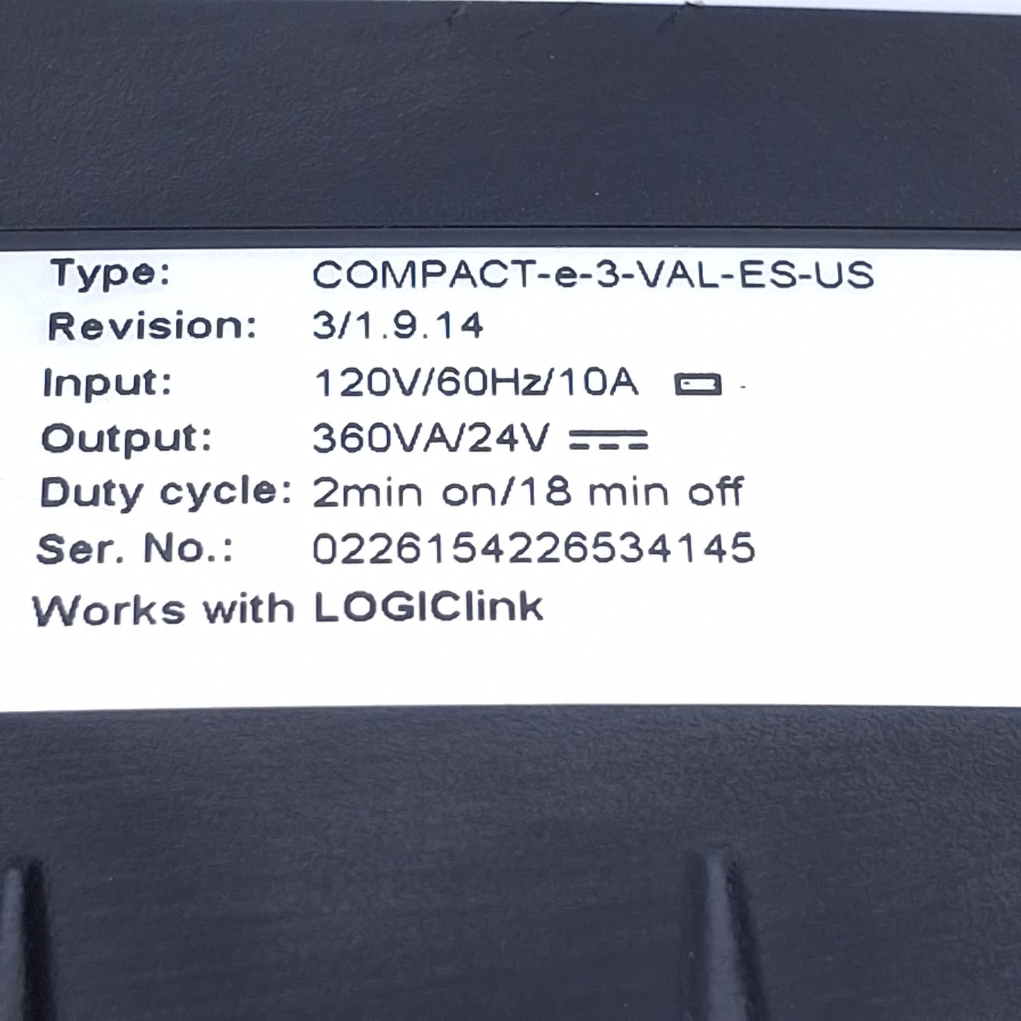 Used LogicData COMPACT-e-3-VAL-ES-US Motor Control Unit 120VAC 10A In, 360VA/4VDC Out