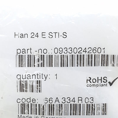 New Harting 09330242601 Heavy Duty Insert Screw Connector, 24-Pin Male, 16A 500VAC
