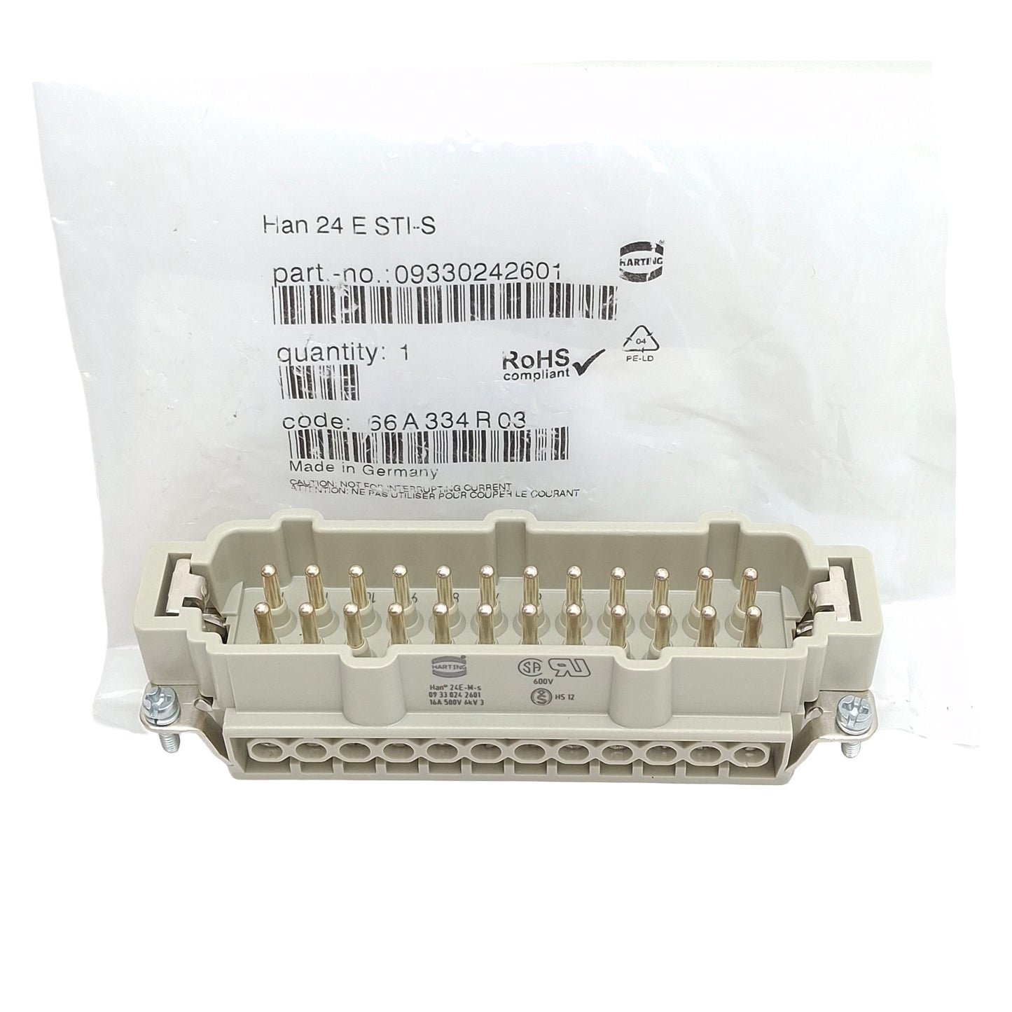 New Harting 09330242601 Heavy Duty Insert Screw Connector, 24-Pin Male, 16A 500VAC