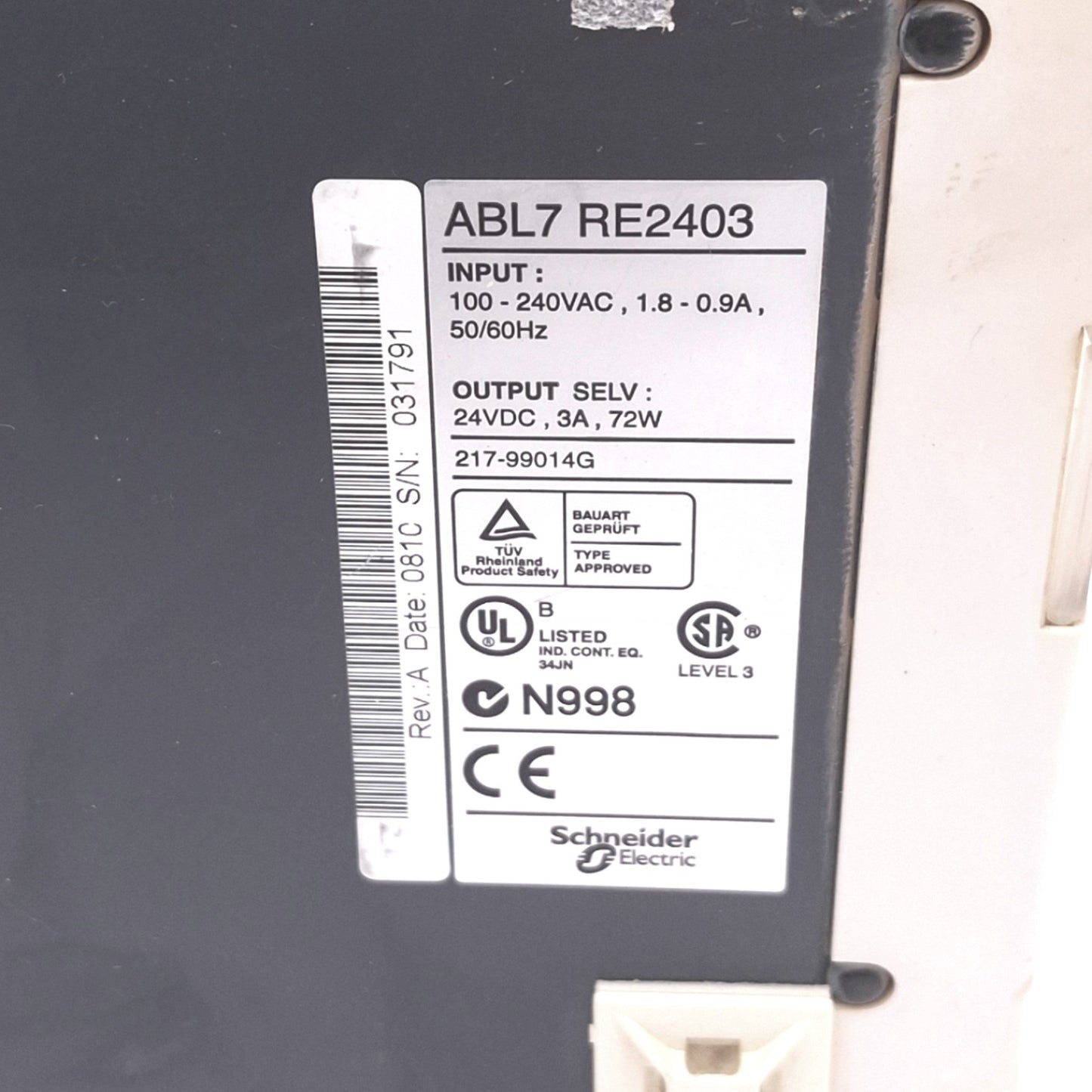 Used Telemecanique ABL7RE2403 Power Supply, 100-240VAC In, 24VDC 3A Out, 72W Max