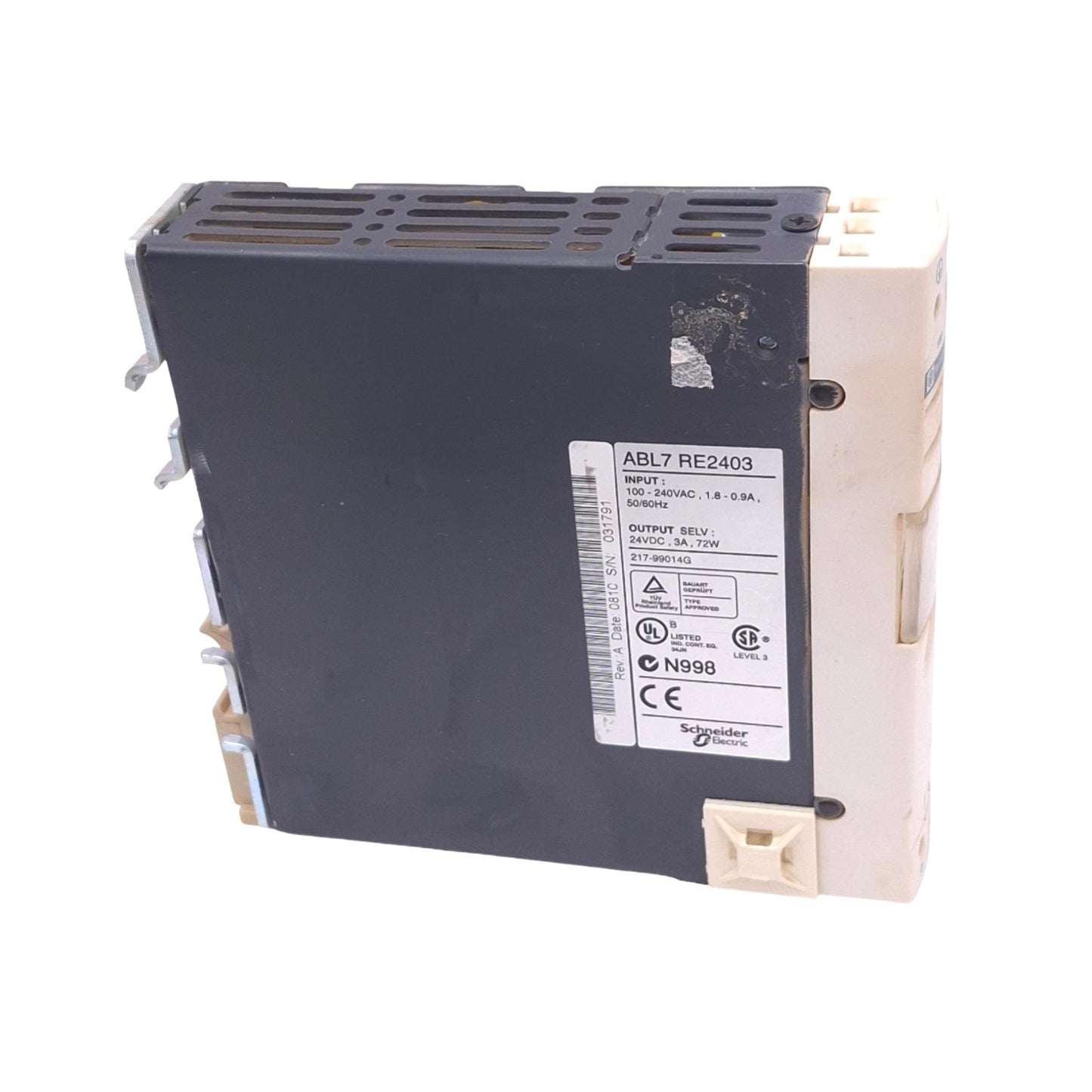 Used Telemecanique ABL7RE2403 Power Supply, 100-240VAC In, 24VDC 3A Out, 72W Max