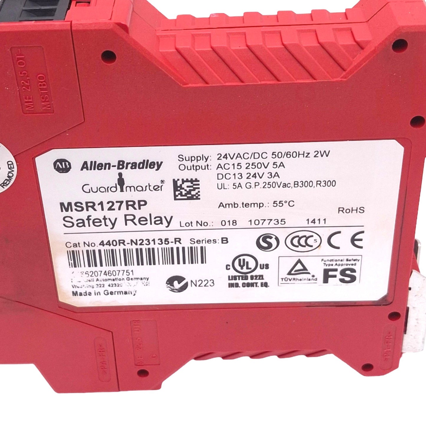 Used Allen Bradley 440R-N23135-R MSR127RP Safety Relay, 3-Pole, 1NC Aux, 24VAC/DC