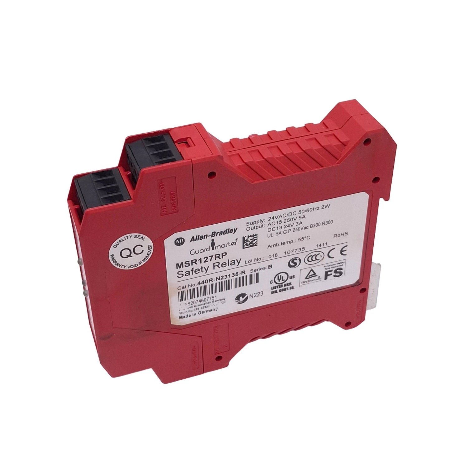 Used Allen Bradley 440R-N23135-R MSR127RP Safety Relay, 3-Pole, 1NC Aux, 24VAC/DC