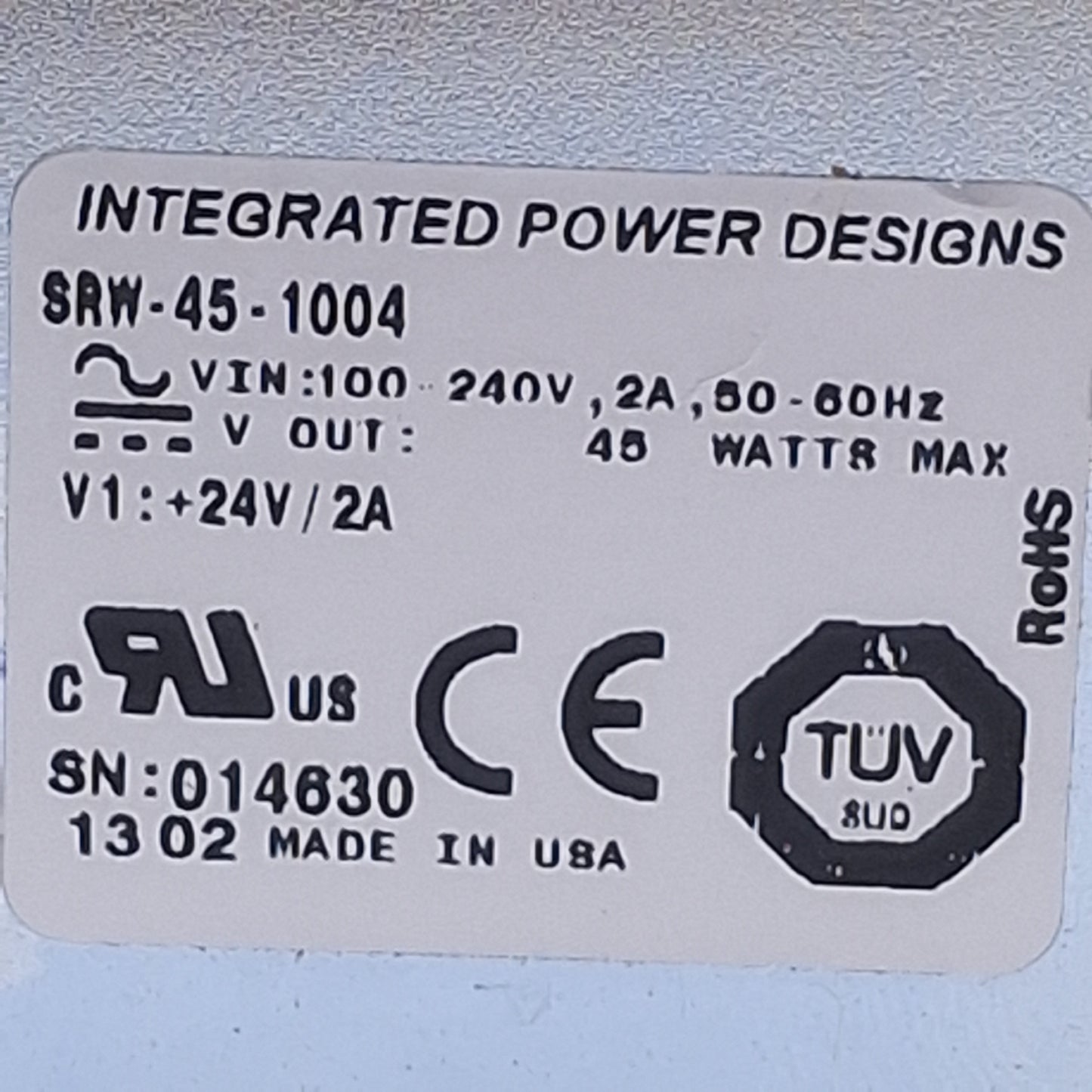 Used Integrated Power Designs SRW-45-1004 Power Supply 45W, 100-240VAC In, 24VDC Out