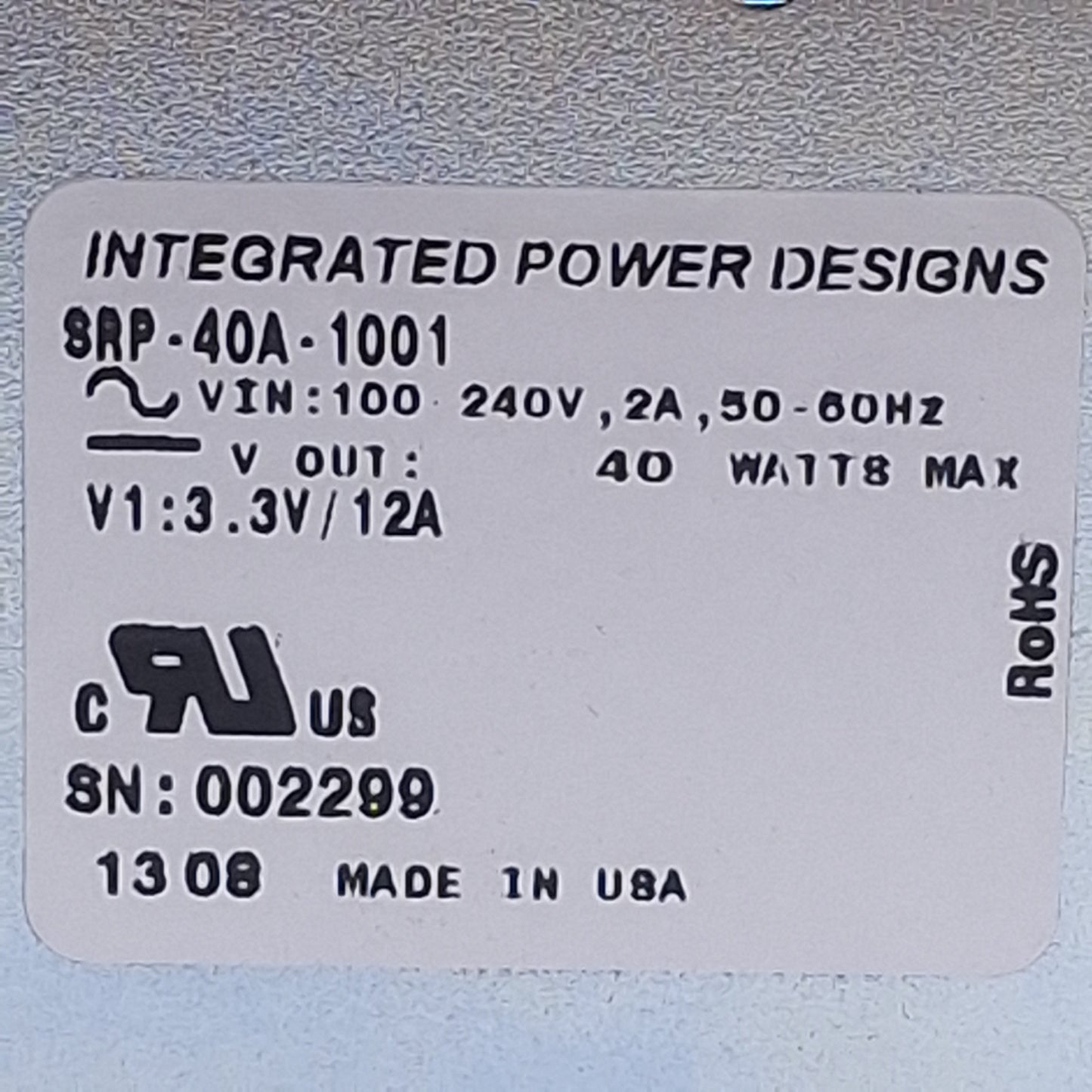 Used Integrated Power Designs SRP-40A-1001 Power Supply 40W, 100-240VAC In 3.3VAC Out