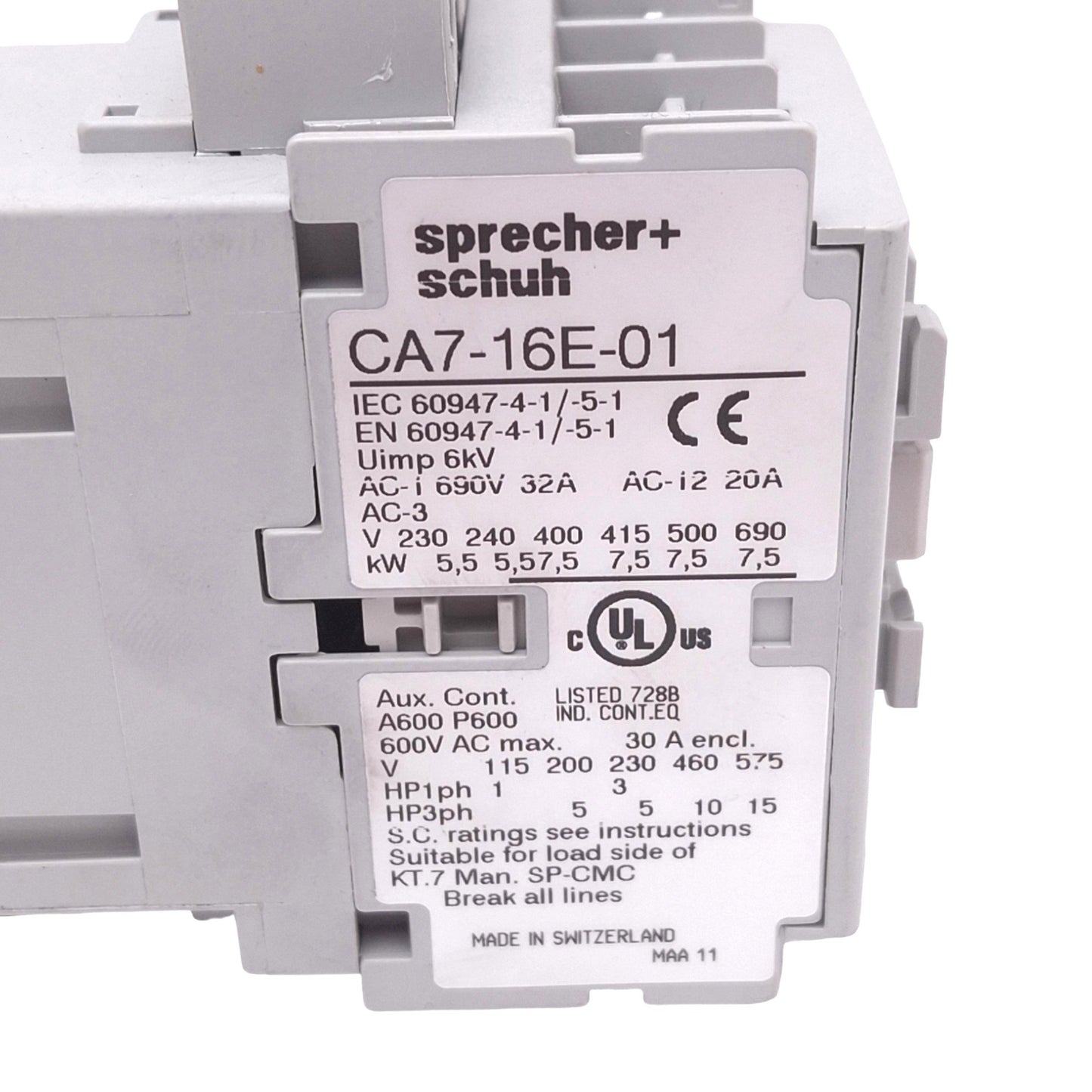 Used Sprecher & Schuh CA7-16E-01-24E Contactor, 3-Pole, 1NC Aux, 32A Max, 24VDC Coil