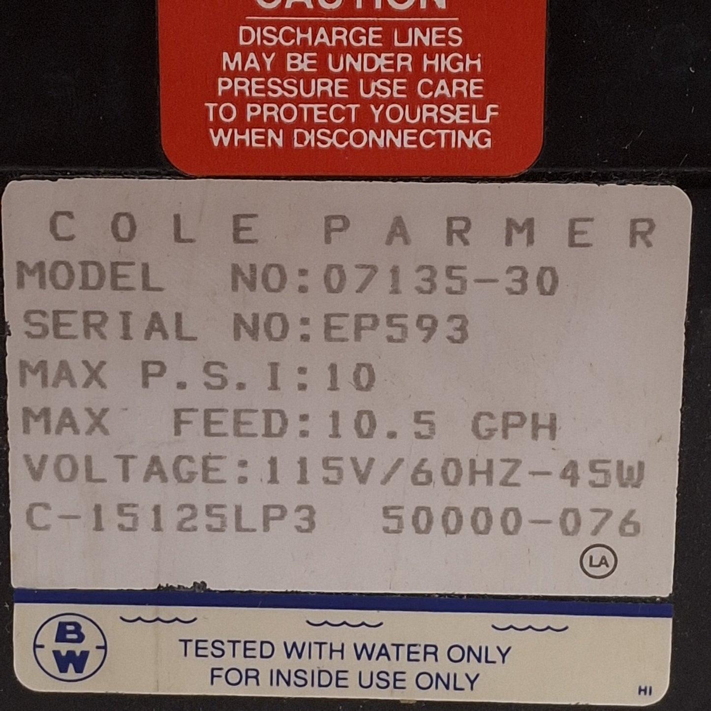 Used Cole Parmer 07135-30 Chem-Feed Liquid Pump, 10.5GPH, 10psi, 45W, 115VAC 60Hz