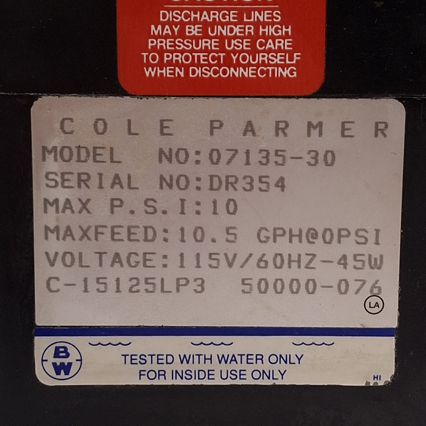 Used Cole Parmer 07135-30 Chem-Feed Liquid Pump, 10psi, 10.5GPH, 45W, 115VAC 60Hz