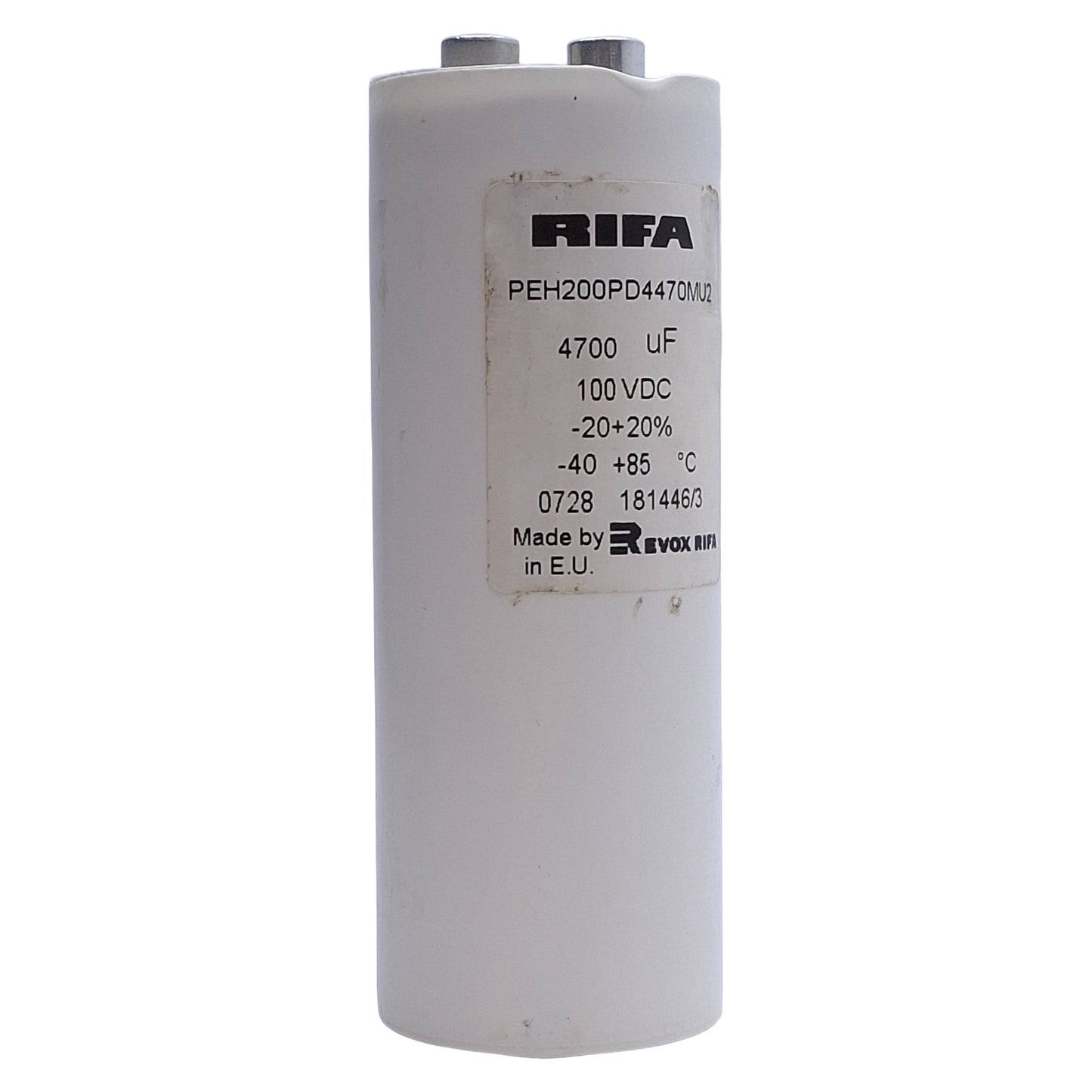 Used RIFA PEH200PD4470MU2 Aluminum Electrolytic Capacitor 100VDC, 4700uF, M5x0.8