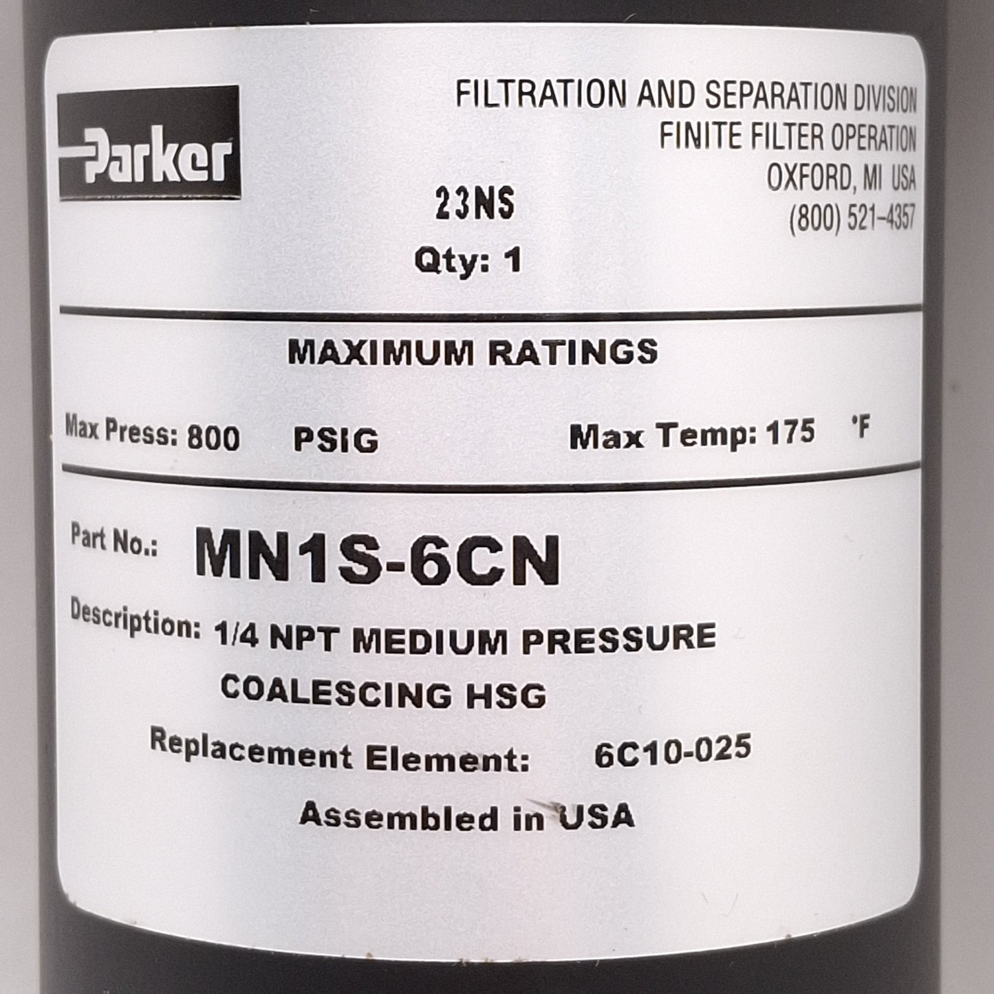 Used Parker MN1S-6CN Pneumatic Coalescing Filter, 800psig, 175°F, 1/4in NPT Ports