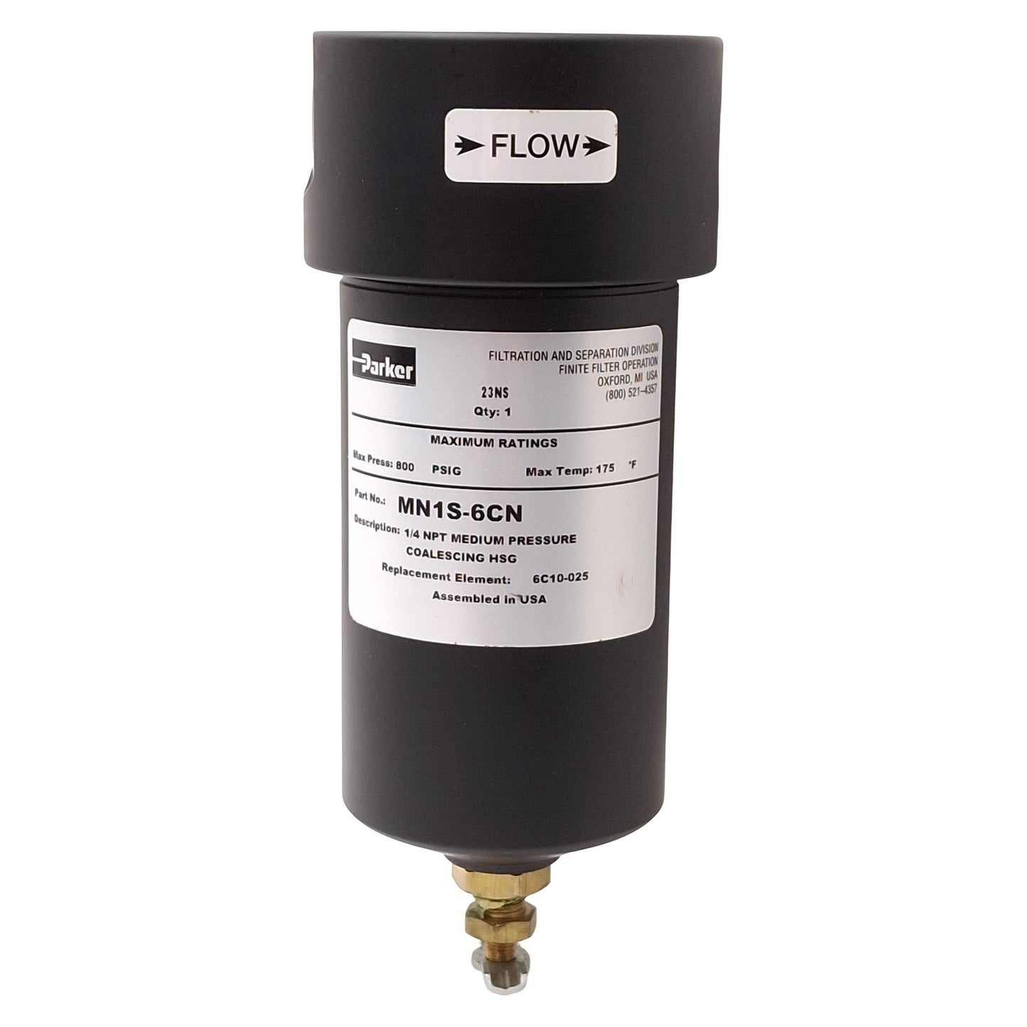 Used Parker MN1S-6CN Pneumatic Coalescing Filter, 800psig, 175°F, 1/4in NPT Ports