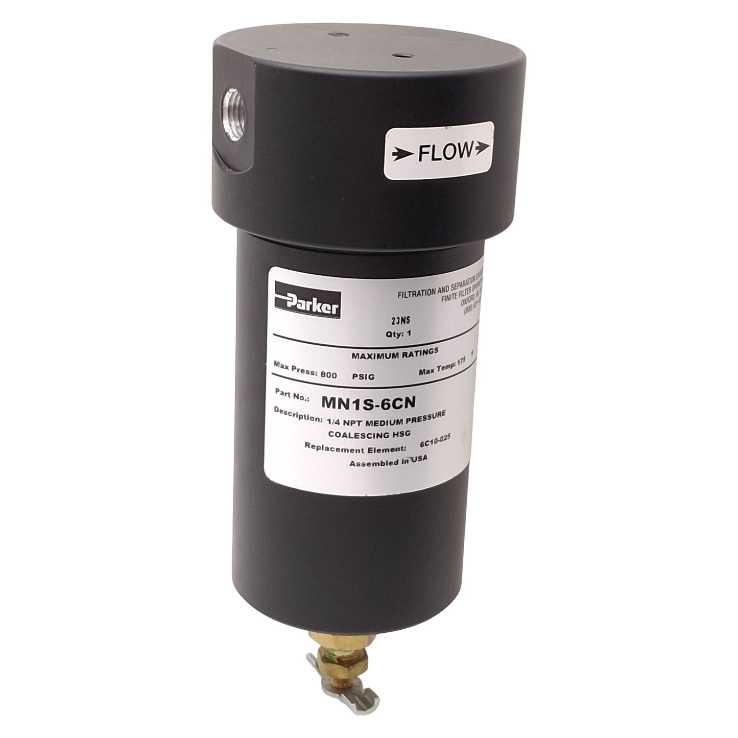 Used Parker MN1S-6CN Pneumatic Coalescing Filter, 800psig, 175°F, 1/4in NPT Ports