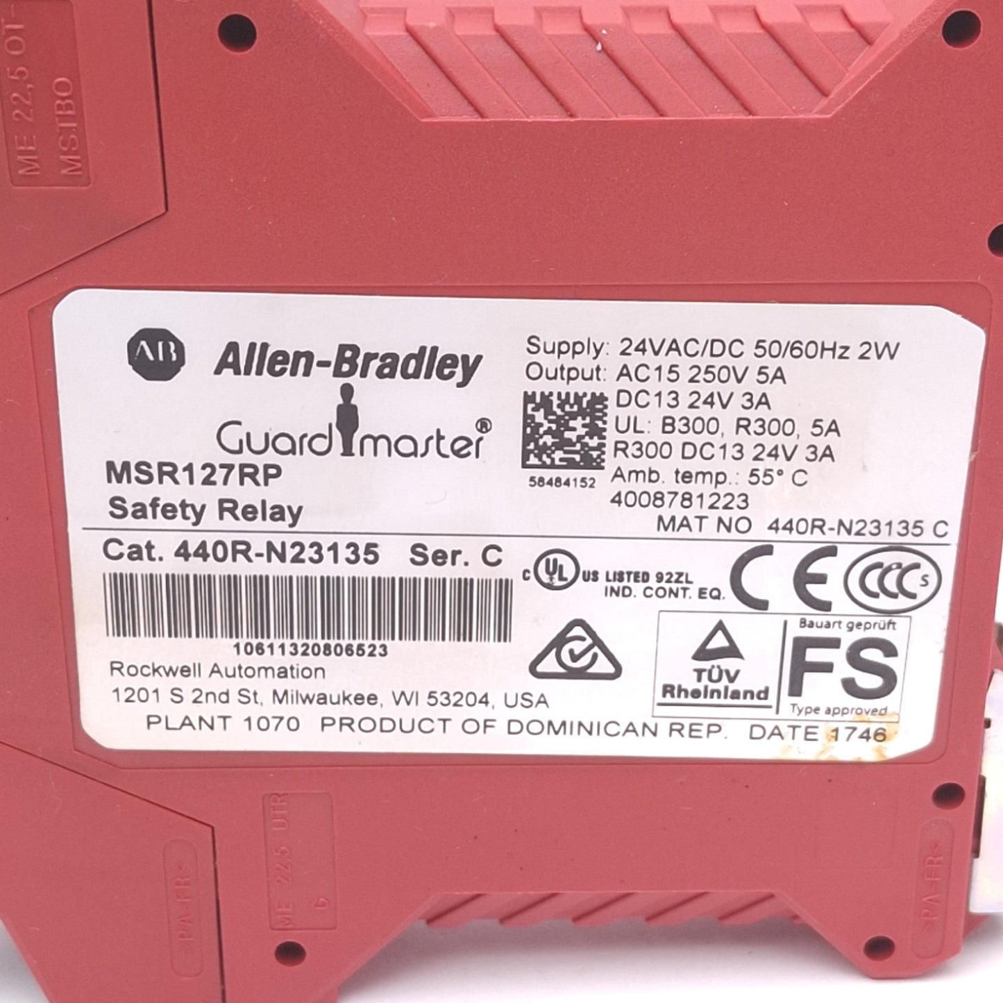 Used Allen Bradley 440R-N23135 MSR127RP Safety Relay, 3-Pole, 1NC Aux, 24VAC/DC